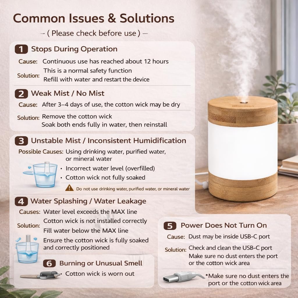 Bamboo Ultrasonic Mini Humidifier, 400ml Quiet Desktop Humidifier with Dual LED Night Light, USB-C Powered, Auto Shut-Off, Portable Small Room Air Moisturizer for Bedroom, Desk, Office & Travel