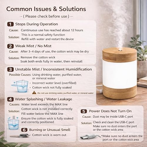 Miniatura 6 de Mini humidificador ultrasónico de bambú, humidificador de escritorio silencioso de 14.1 onzas líquidas con luz nocturna LED dual, alimentado por