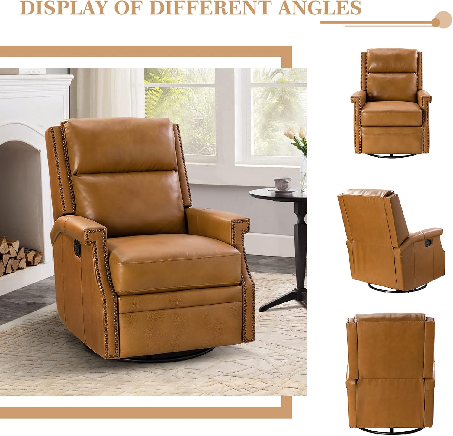 HULALA Home Genuine Leather Swivel Rocker Recliner Chair for Living Room, Manual Glider Recliner with Adjustable Backrest & Footrest Modern Home Theater Sofa Armchair with Nailhead Trim, Camel