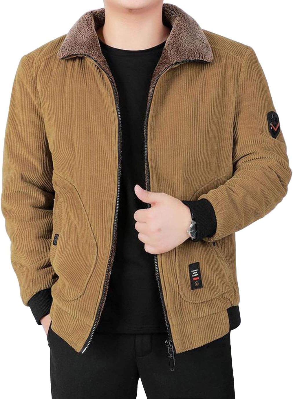 ebossy Men's Winter Fur Collar Full Zip Thicken Quilted Lined Corduroy Bomber Jacket
