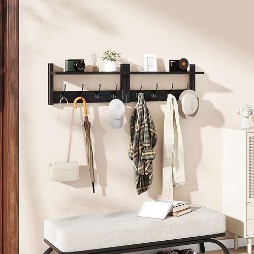 Miniatura 3 de YMYNY Perchero con Estante de Pared, Juego de Ganchos para Abrigos de 2, Perchero de Entrada con 8 Ganchos, Estante Flotante de Pared de 31.5" con