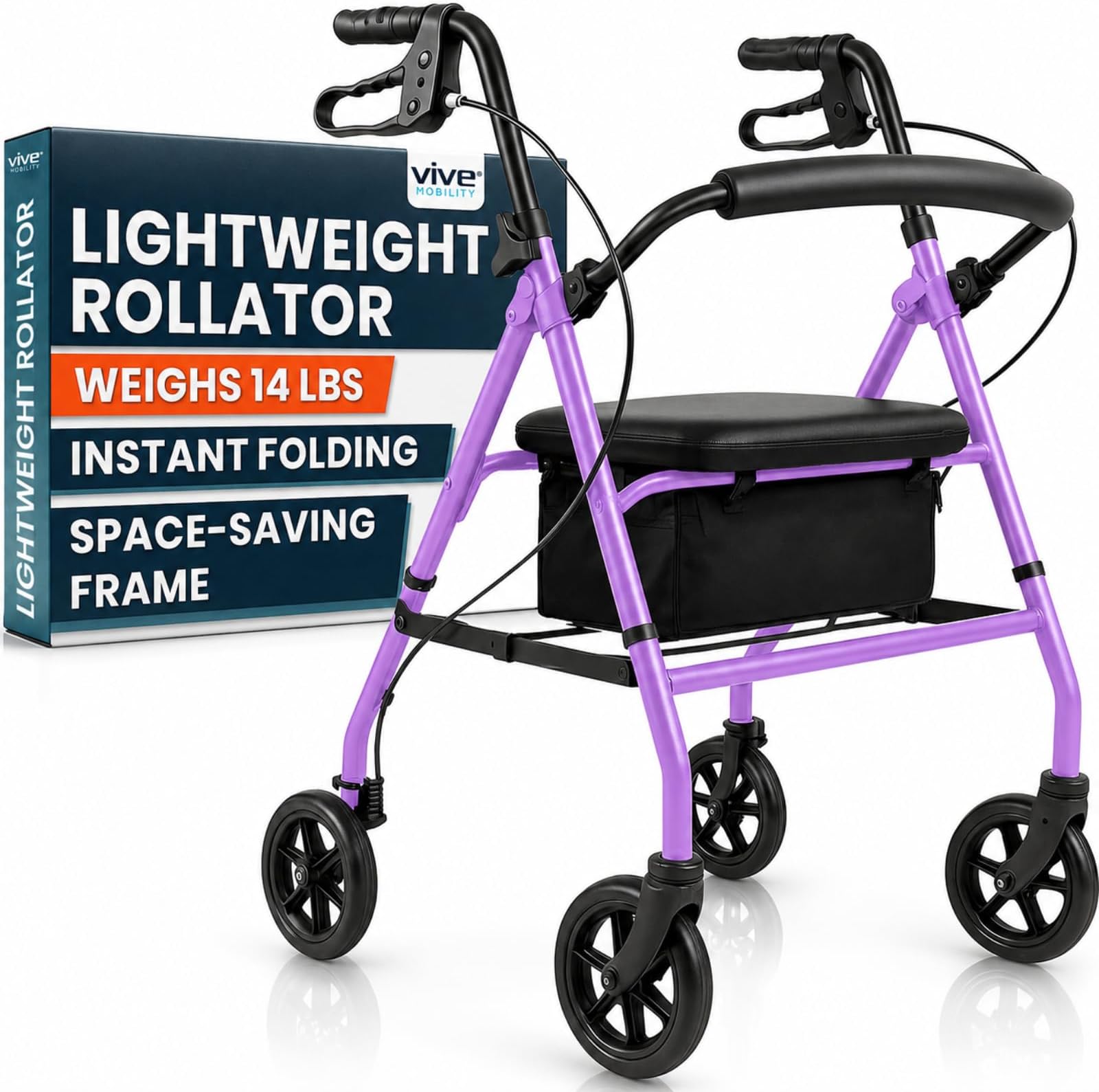 Vive Ultra Lightweight Rollator Walker with Seat - Foldable, Narrow, Rolling Senior Walker for Small Spaces - 4 Wheel Aluminum Adult Easy Drive Aid with Underseat Accessory