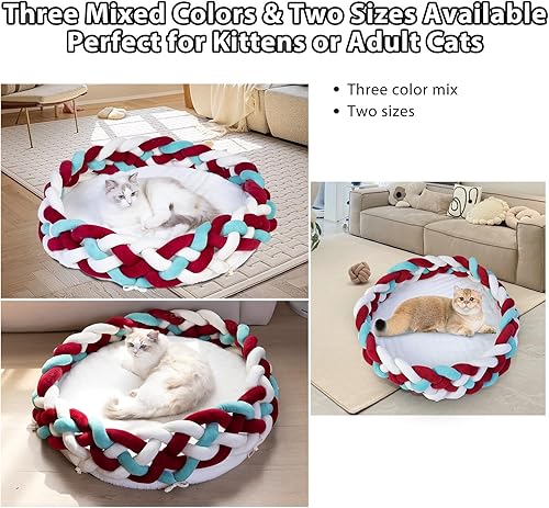 Miniatura 8 de Maihandasi - Linda cesta redonda de algodón de punto bohemio para gatos, nido cálido para gatos, gatitos, cachorros y perros pequeños, cama suave y