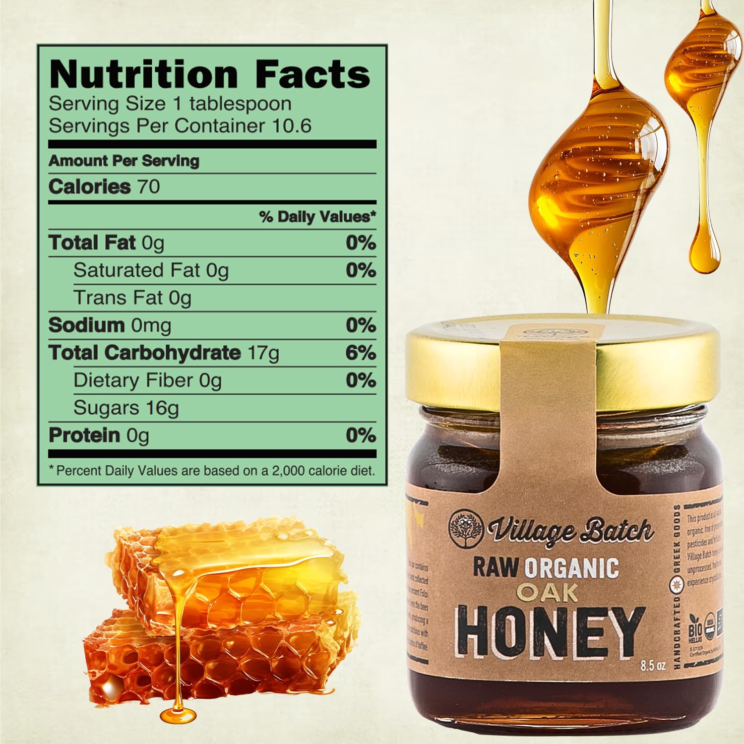 Village Batch Raw Organic Oak Honey 8.5oz Jar (Pack of 1) from Foloi Oak Forest, Dark Amber, Rich Caramel and Toffee Notes, Unfiltered and Unpasteurized Greek-Honey