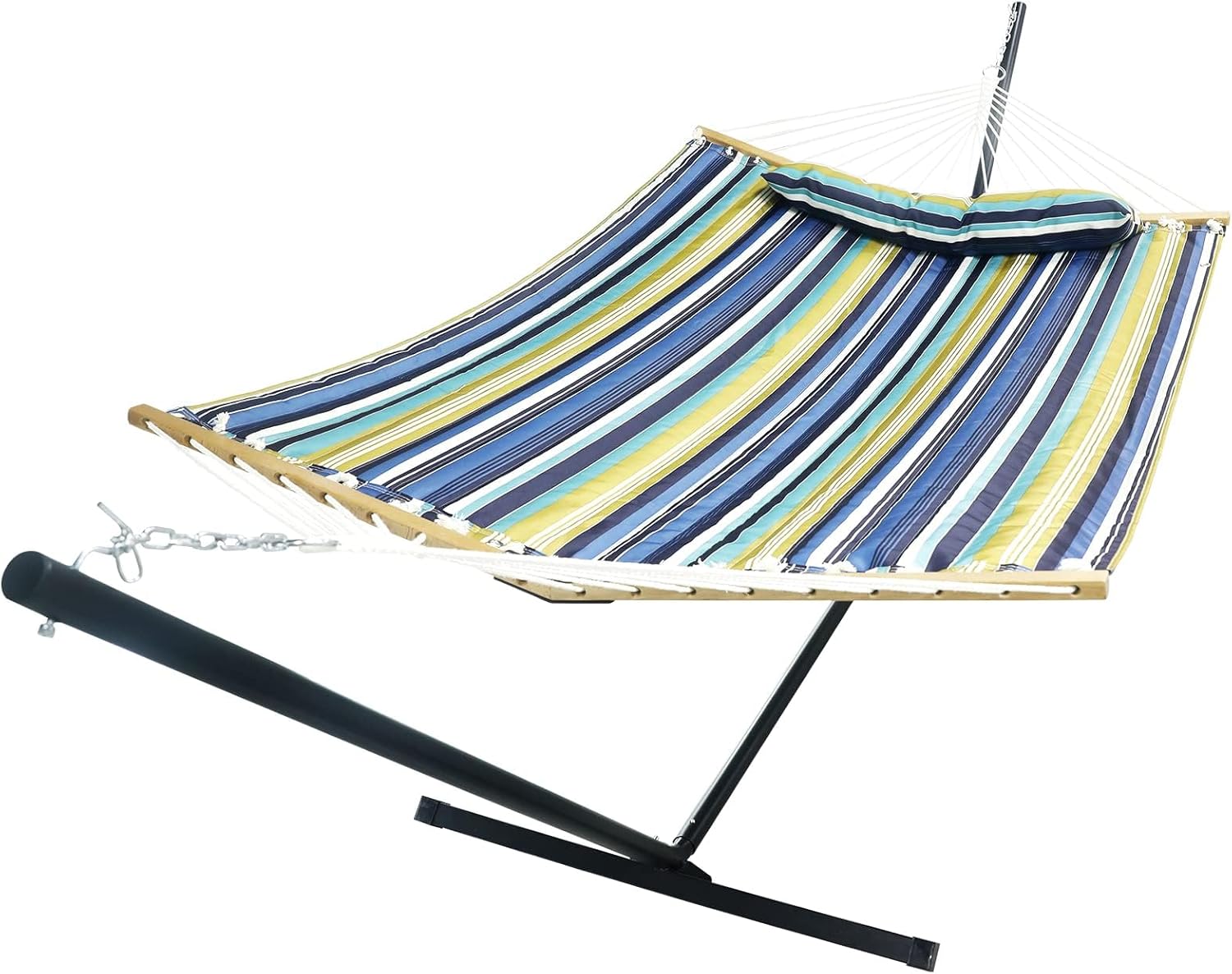 Double Hammock with Stand Heavy Duty,Outdoor Patio Hammock with Portable Steel Stand,Large Double Hammocks (Blue Strips)