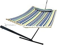 Vista 1 de Hamaca doble con soporte resistente, hamaca de patio al aire libre con soporte de acero portátil, hamacas dobles grandes (rayas azules)