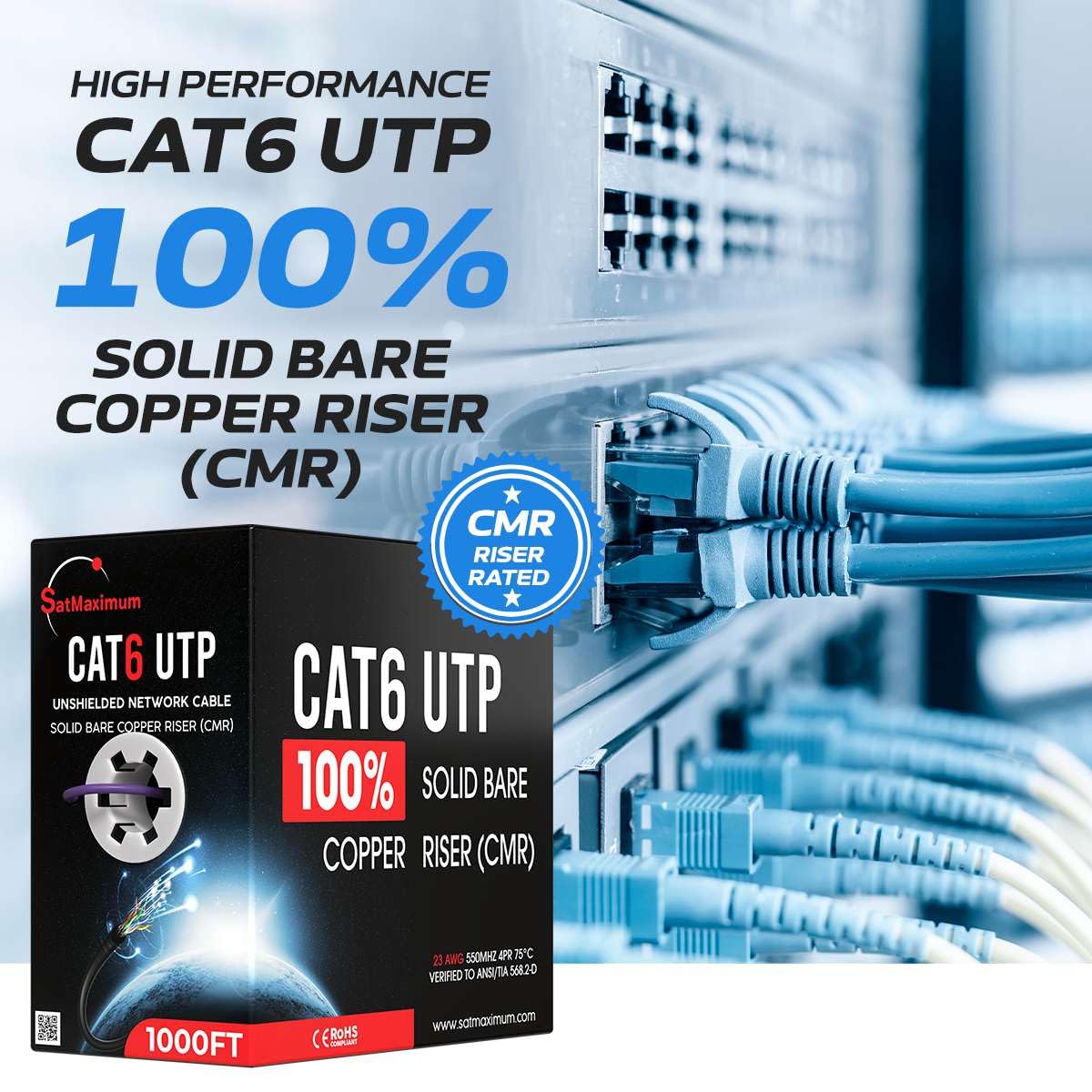 Cables Direct Online Cat6 23AWG 500FT Solid Bare Copper, CMR ETL Riser Wire, POE (Power Over Ethernet) 550MHz Bulk Ethernet, Purple