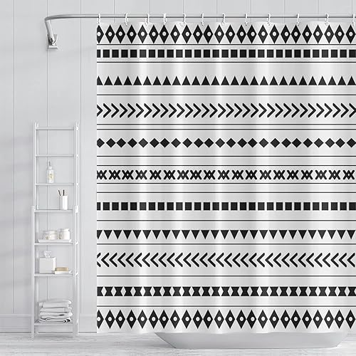 Miniatura 23 de Cortina de ducha de mediados de siglo, moderna abstracta con patrón geométrico atómico de explosión de estrellas para los años 50, accesorios de