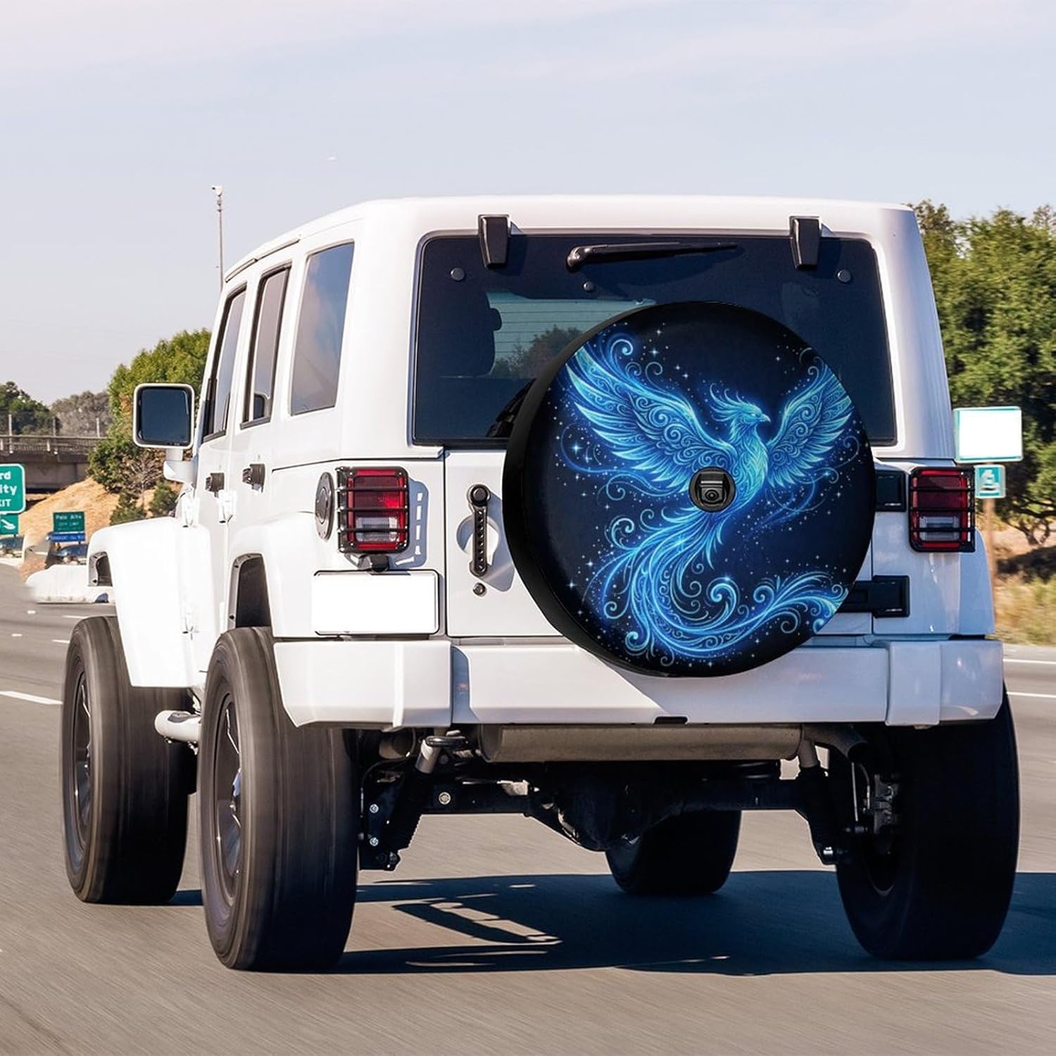 Delerain Spare Tire Cover with Backup Camera Hole Blue Flame Phoenix Wheel Covers Waterproof Dust-Proof UV Sun Universal Fit for Jeep Trailer RV SUV Truck (17 Inch for Diameter 31"-33")
