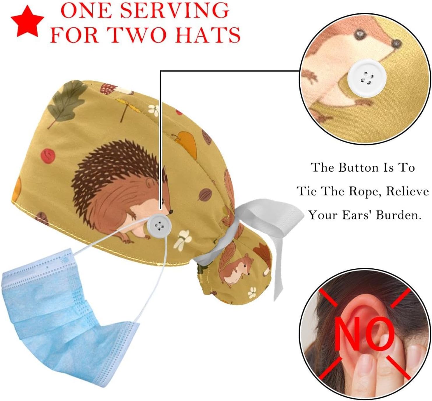 2 Packs Women's Working Cap with Buttons, Thanksgiving Pumpkin Scrub Cap for Women Medical, Adjustable Elastic Bandage Tie Back Hats, Long Hair