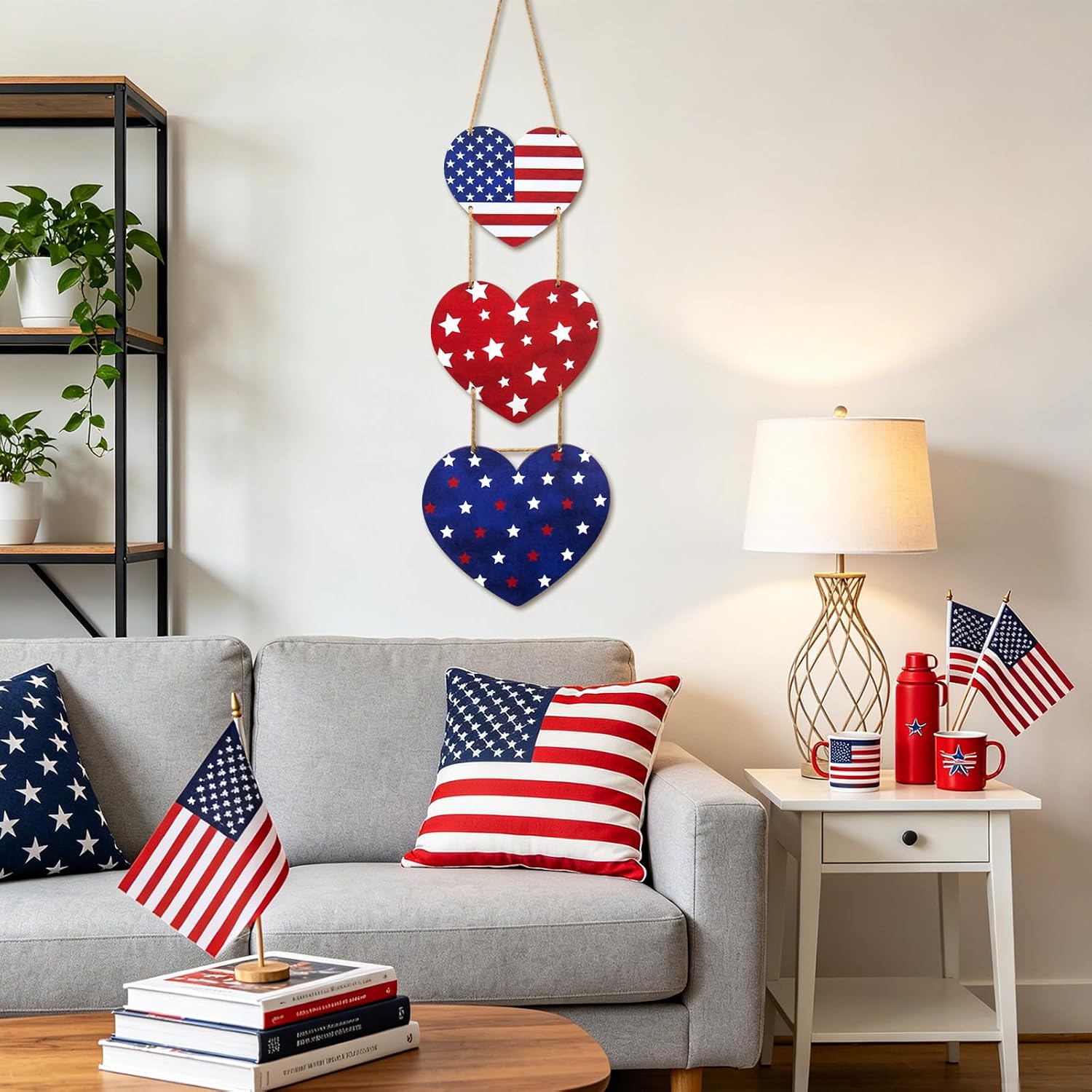 4th of July Decorations US 250th Anniversary Patriotic Decorations, Wooden Heart Patriotic Wreath Hanging Sign for Front Door Decor for Memorial Day Fourth of July Porch Wall Indoor Home Decor