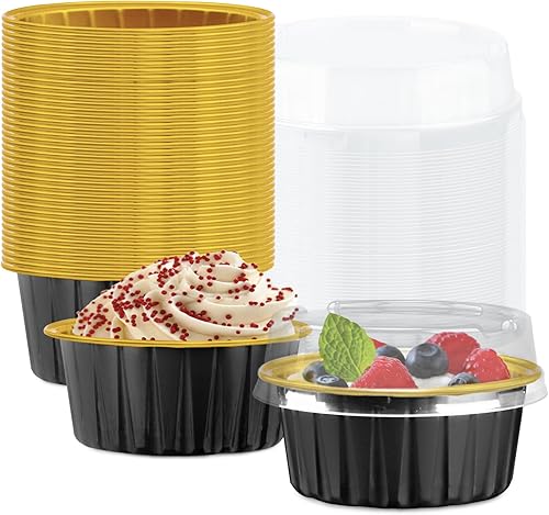 Miniatura 1 de Paquete de 50 tazas para hornear con tapas, moldes de papel de aluminio para magdalenas, moldes de papel de aluminio desechables, soportes para