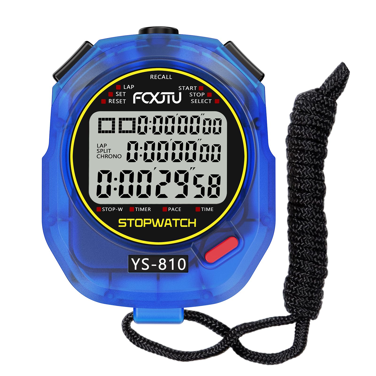 FCXJTU Sports Stopwatch Timer, 10 Lap/Split Memory Digital Stopwatch Countdown Timer with 12/24 Hour Clock Alarm On/Off, Calendar 3-Row Extra Large Screen Lanyard for P.E Coach and Referees (Blue)-image-31
