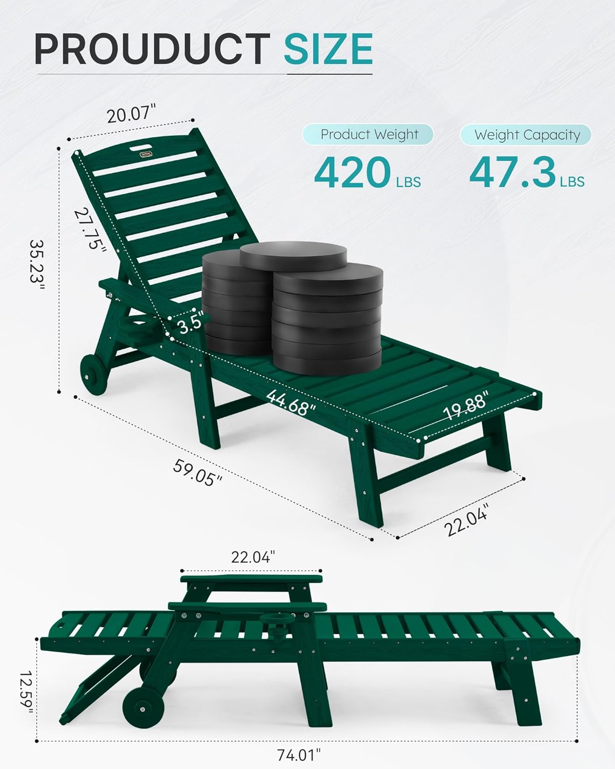Chaise Lounge Chair Outdoor with Wheels, Oversize Patio Lounge Chairs with Wood Texture, 5-Position Plastic Lounge Chairs Set of 2-Green(Separate Delivery)