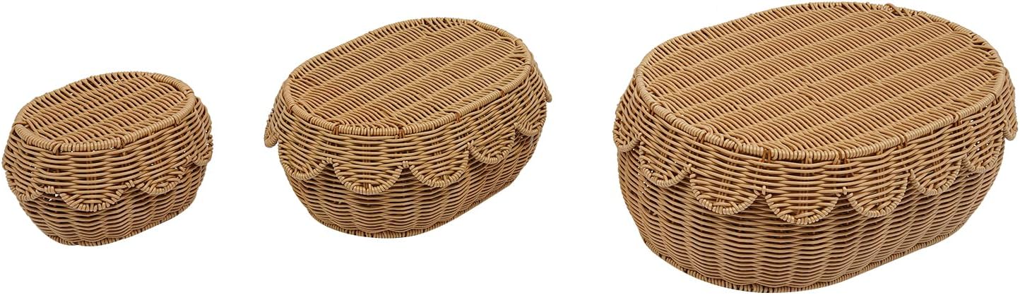 3 Pcs Scalloped Baskets, Hand-Woven Storage Basket, Scalloped Edge Wicker Basket With Lid for Nursery Storage Diaper Organizer Bathroom Decor