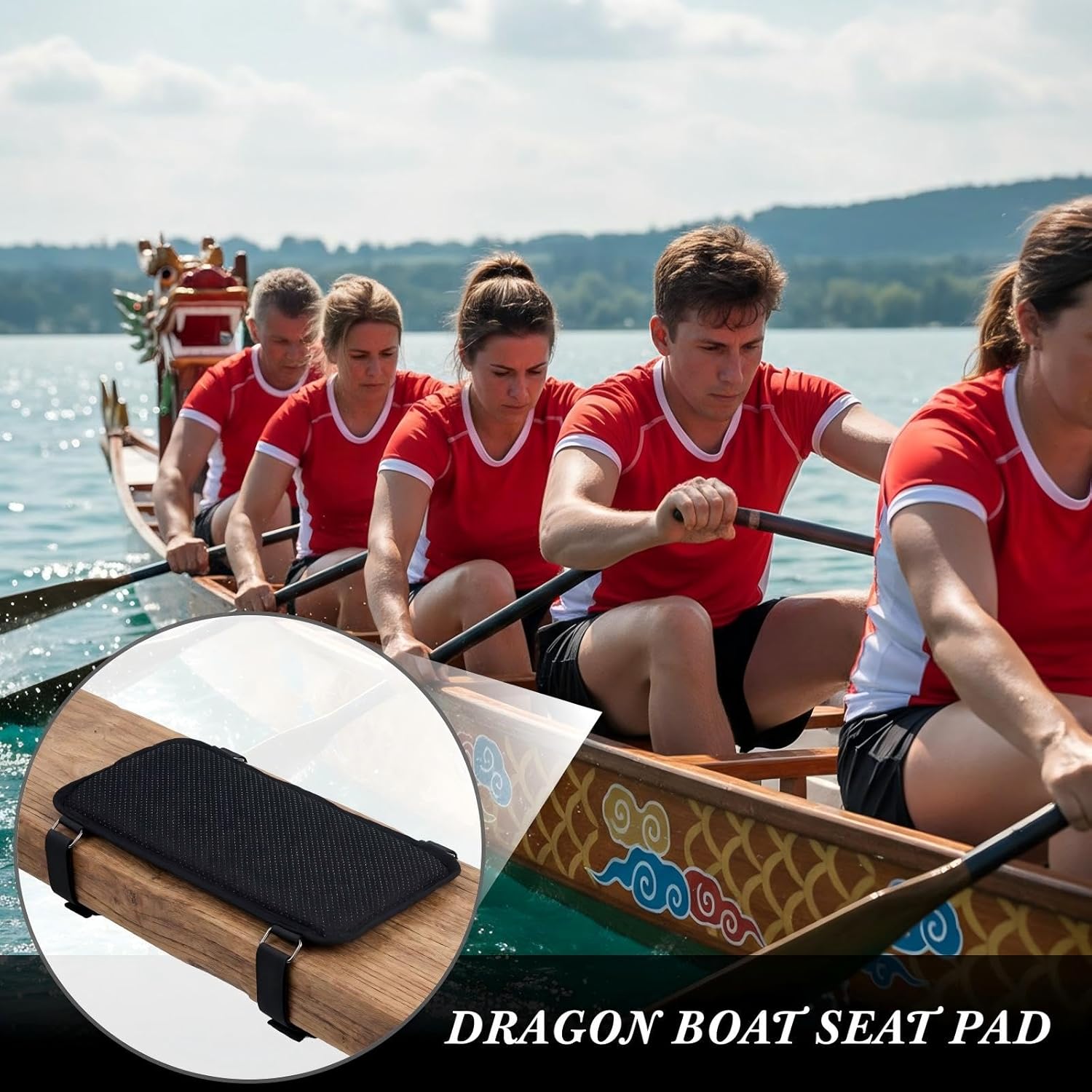 2 Pcs Dragon Boat Seat Pad EVA Foam Cushion with Secure Strap Storage Pockets 12" x 6" x 0.6" Non‑Slip Kayak Seat Cushion for Dragon Boat