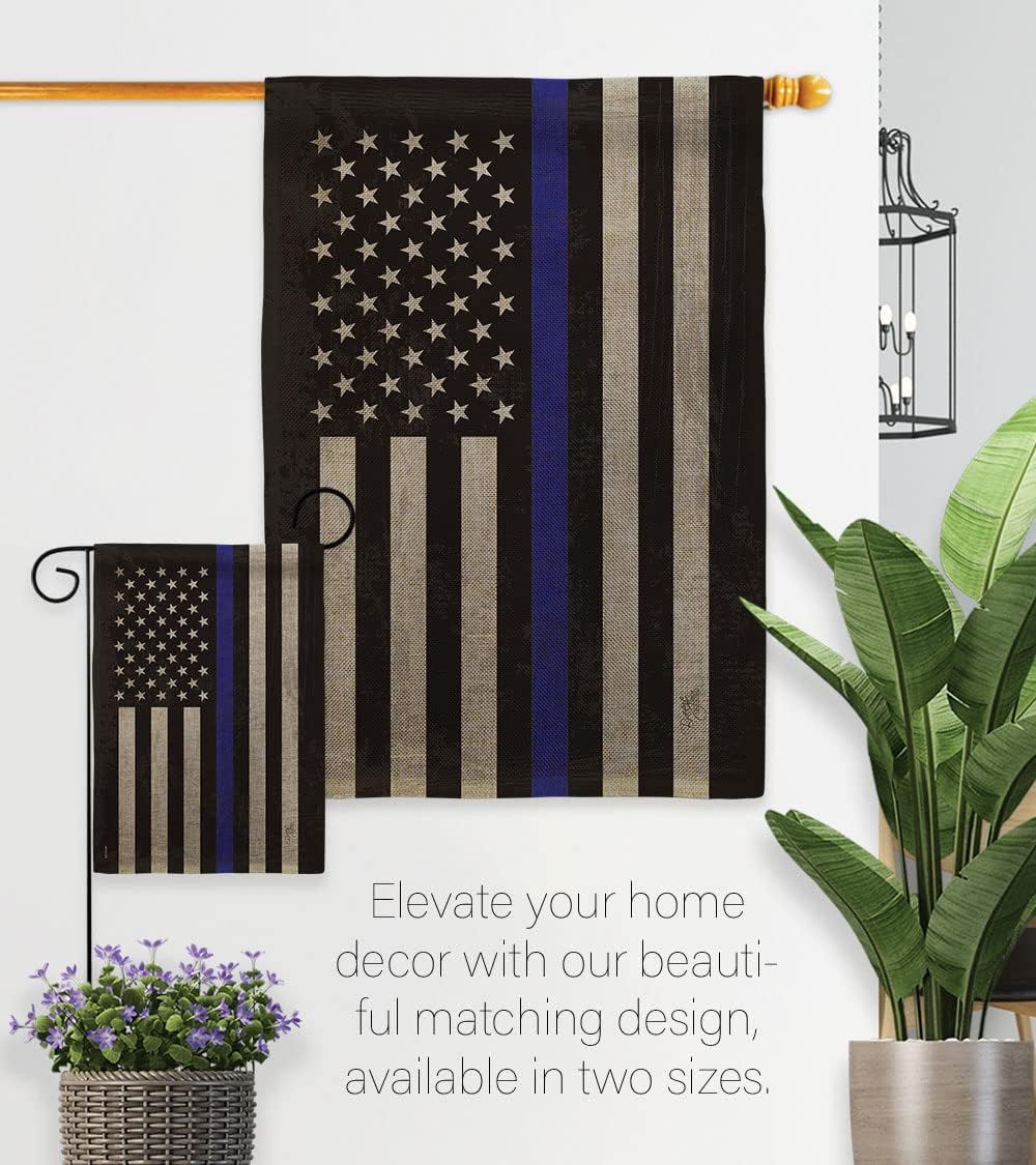 US Blue Stripe Burlap Garden Flag - Set Wall Hanger Armed Forces Police Cop Law Enforcement Sheriff Officer Line Support - House Decoration Banner Small Yard Gift Double-Sided Made In USA 13 X 18.5