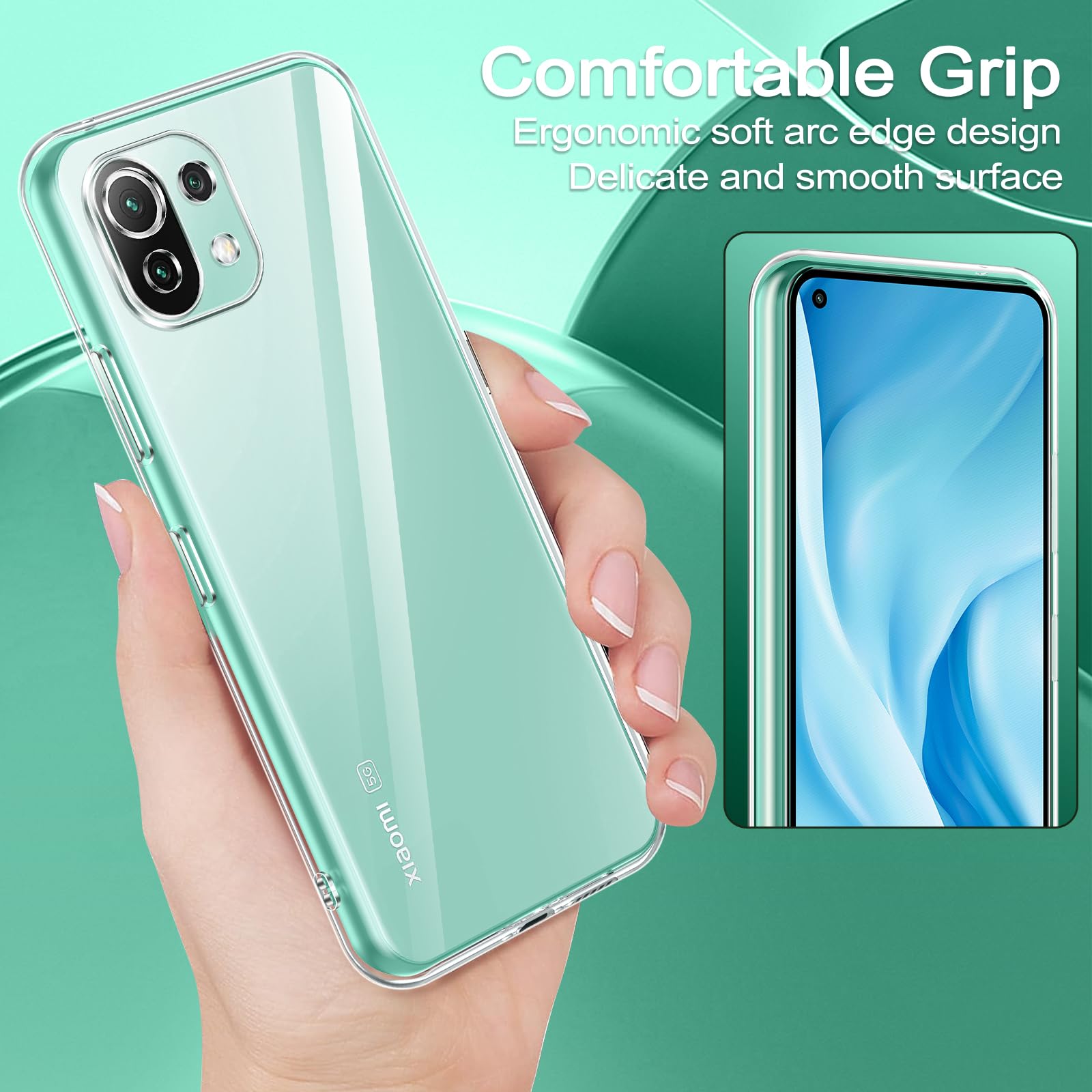 Cover Per Xiaomi 11 Lite 5G NE / Mi 11 Lite (4G/5G) - Custodia Ultra Sottile Trasparente Verde, Doppio Strato PC+TPU Antiurto