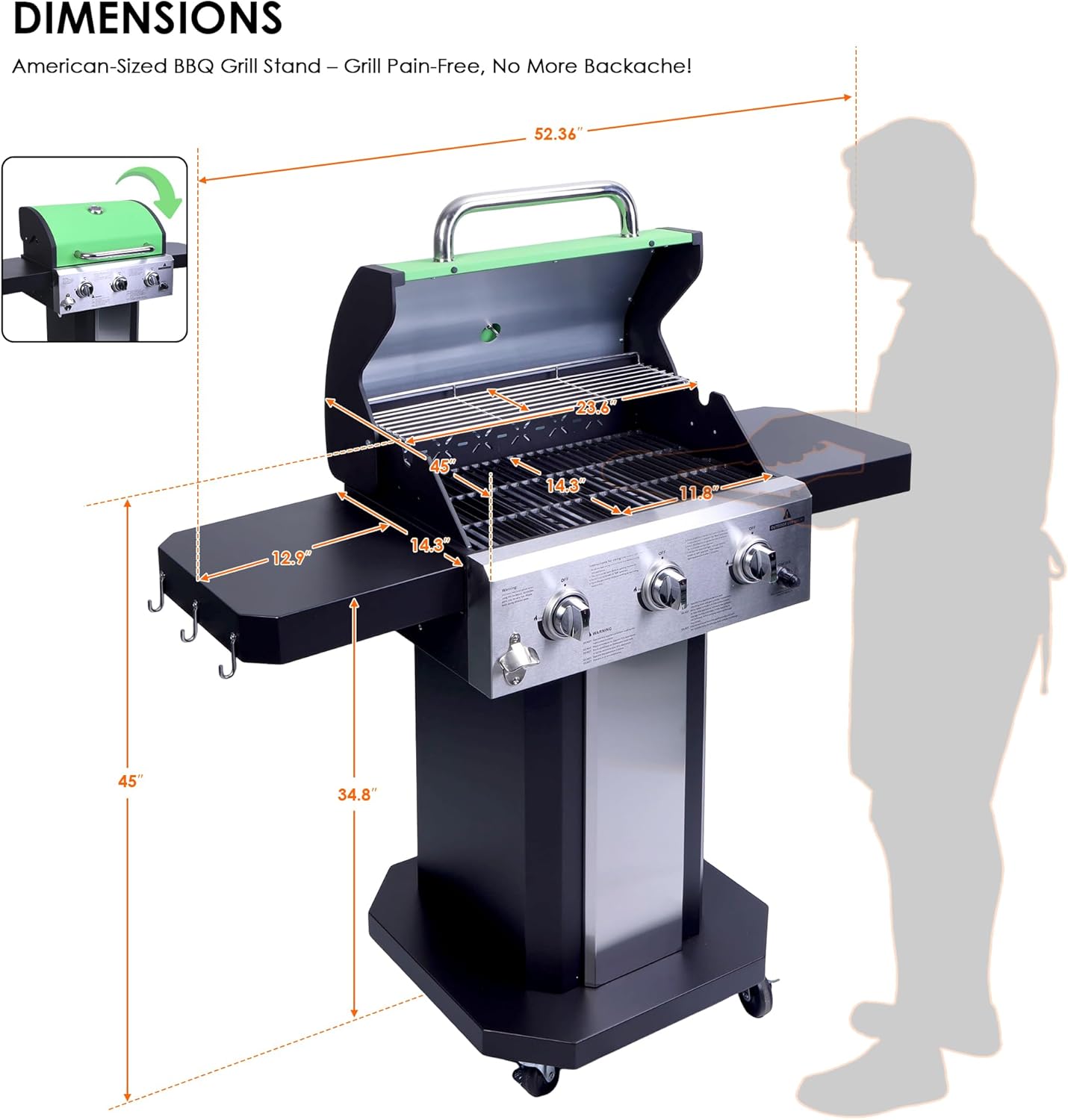 3-Burner Propane Gas Grill with 30000 BTU, Cast Iron Cooking Grates Warming Rack Side Tables Wheels & Tool Hooks, BBQ Grill for Outdoor Backyard Cooking and Patio Parties, Green