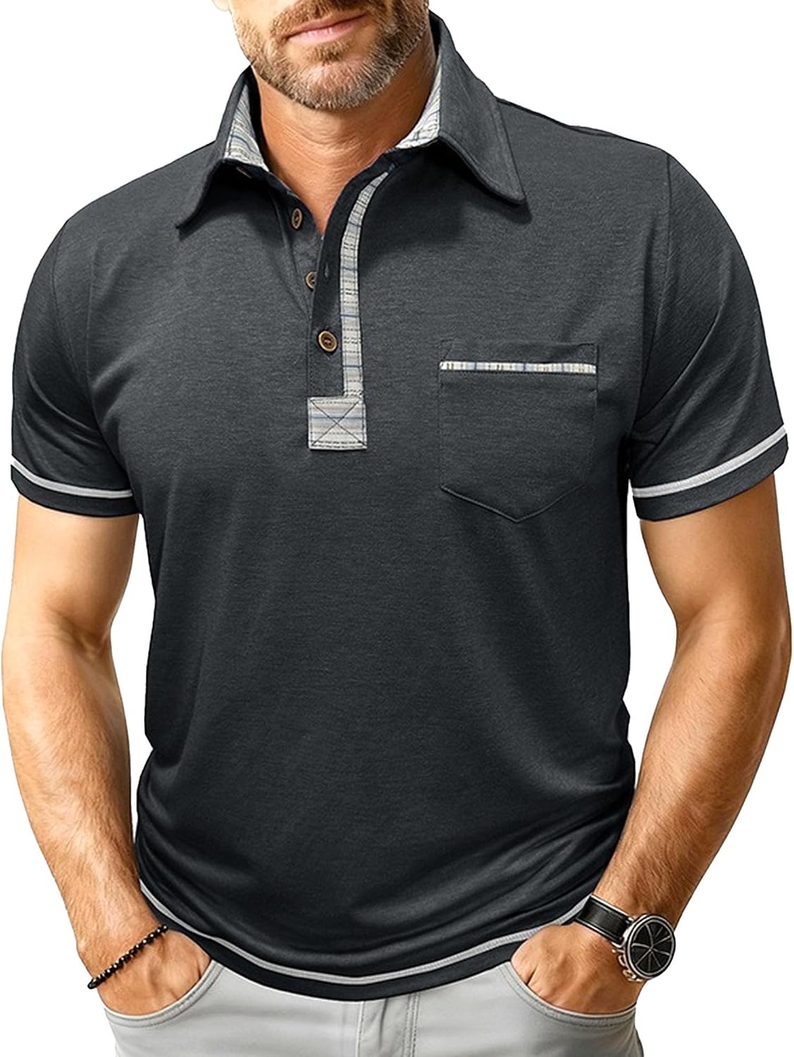 Men Contrast Plaid Collar Polo Shirt Single Chest Pocket Short Sleeve Top | Plaid Collar Trim, Button Placket, Contrast Sleeve Cuffs, Casual Wear, Classic Fit