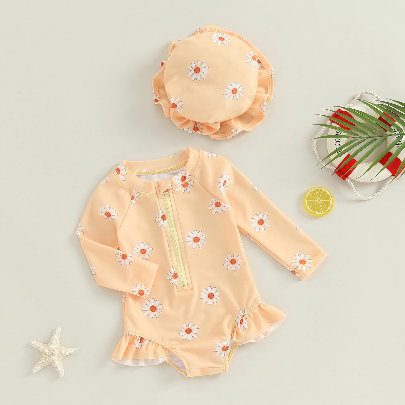Carolilly - Traje de baño de una pieza para bebé y niña, estampado floral, con sombrero de manga larga antirrayos UV (6 meses a 3 años)