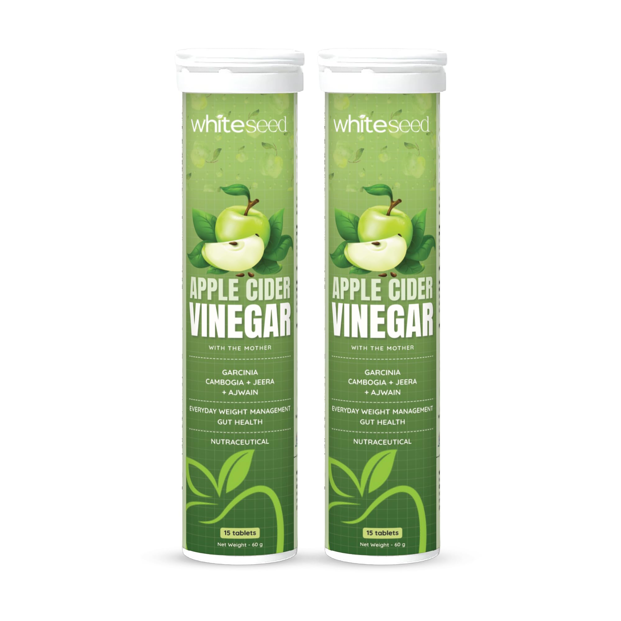 Whiteseed Apple Cider Vinegar with Mother, Garcinia Cambogia, Jeera, Ajwain, Weight Management, Gut Health, 15 Tablets, 45g (Pack of 2)