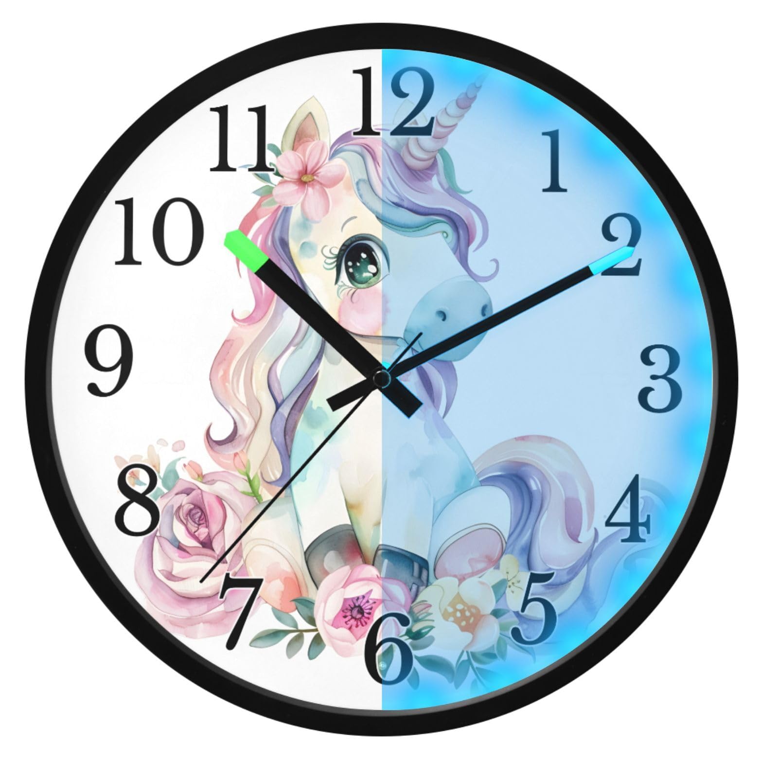 Mnsruu Reloj de pared luminoso con diseño de unicornio y flores de caballo blanco, funciona con pilas, reloj silencioso que brilla en la oscuridad, para sala de estar, cocina, 30,5 cm