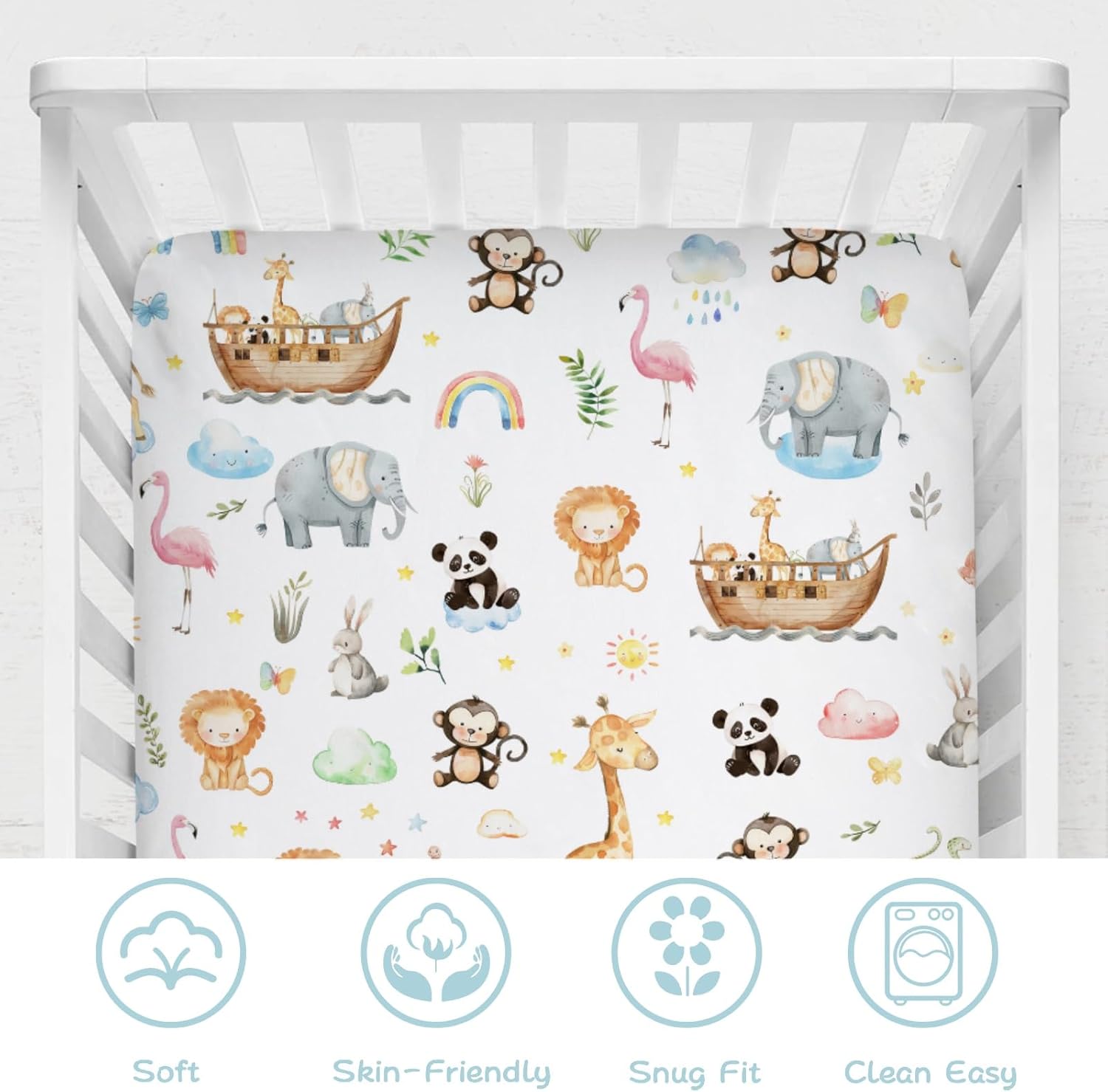 Baby Safari Animals Ship Rainbow Sun Crib Sheet 52''x28'' Zoo Animal Flower Leaves Snug Fitted Crib Mattress Sheet Boy Girl Lion Elephant Giraffe Panda Bed Sheet for Standard Crib Toddler Mattress