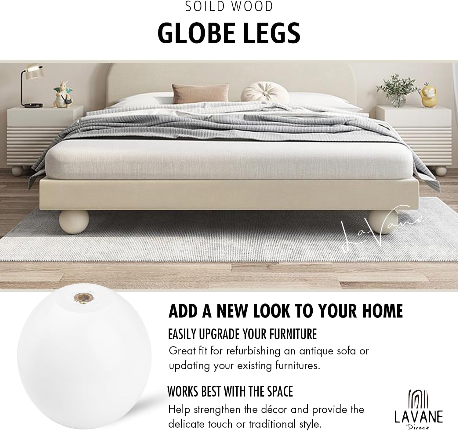 La Vane 4 inch Solid Wood Round Ball Furniture Bed Legs, Set of 4 Minimalist Modern Wooden Replacement Bun Feet White with M8 Bolt & Mounting Plate for Sofa Dresser Coffee Table Cabinet Cupboard