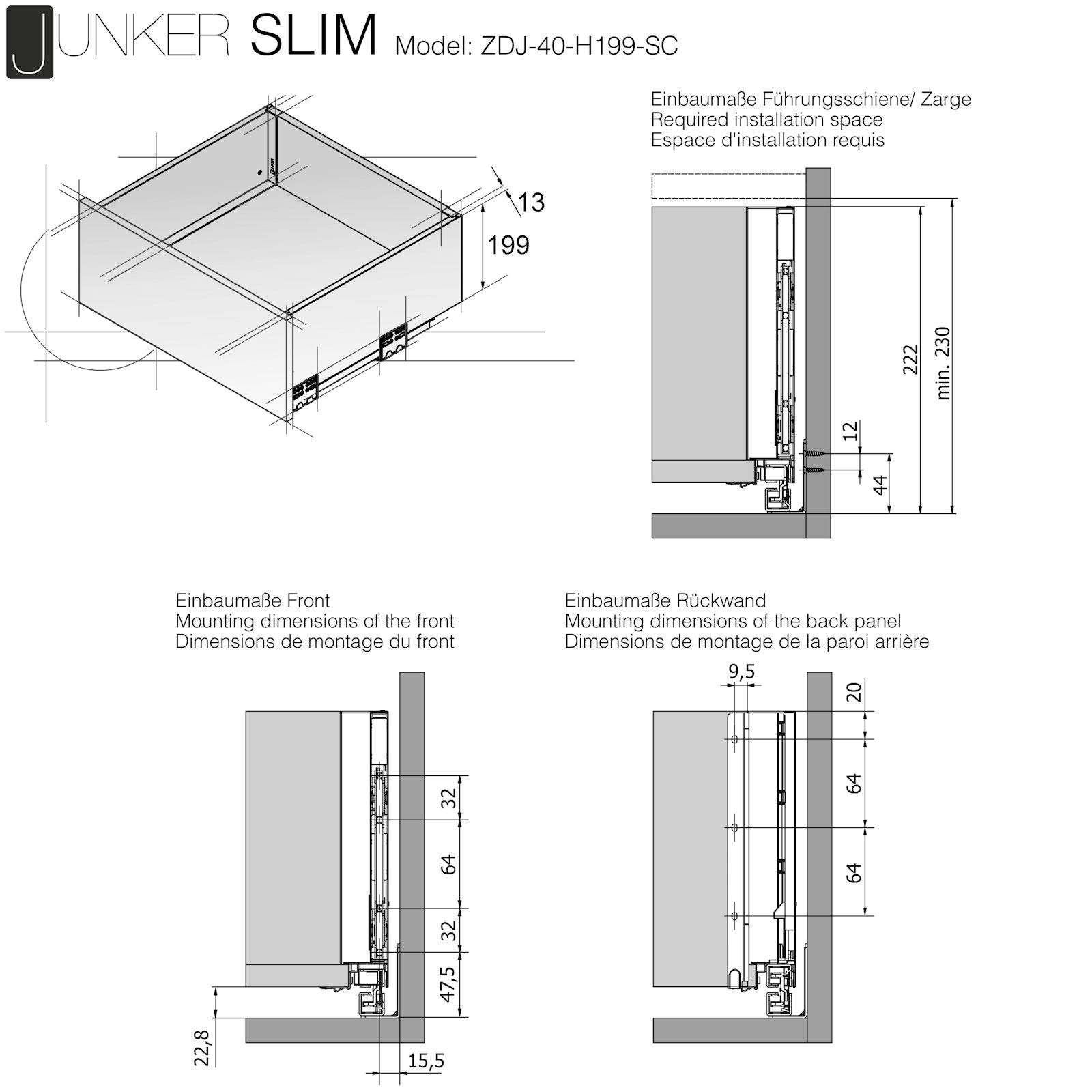 Schubkastensystem JUNKER-SLIM weiß Höhe: 199 mm Tiefe: 400 mm Soft-Close