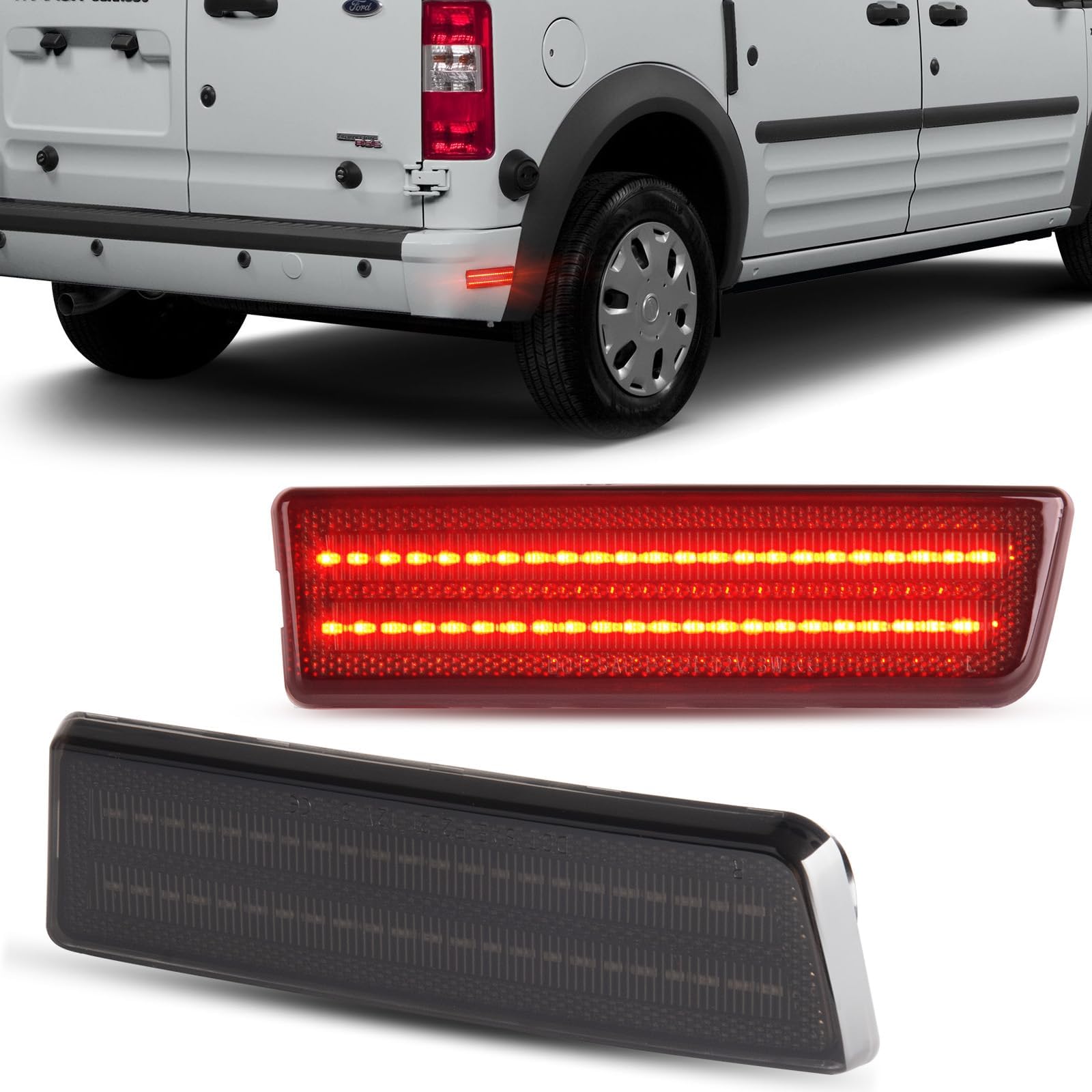 LED Side Marker Lights for 2010-2013 Ford Transit Connect Rear Red Bumper Marker Reflectors Lamps Smoked Len, 2PCS