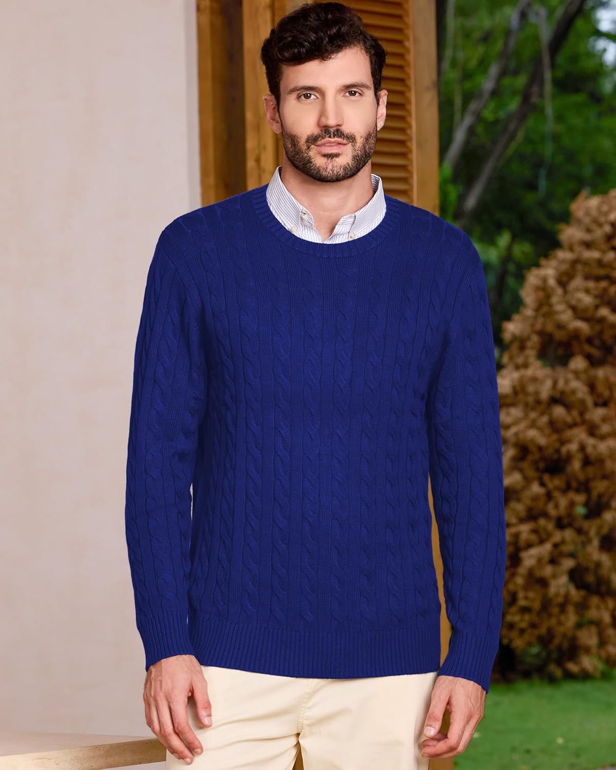 Kallspin Mens Crew Neck Sweater Wool Blend Cable Knit Pullover Top Long Sleeve Knitwear Casual Business Fall Winter Knitwear