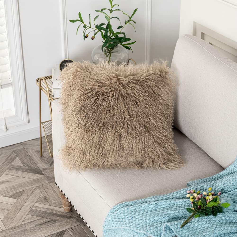 Mongolian Lamb Fur Throw Pillow Cover (16'' x 16'', Khaki), Real Sheep Fur Decorative Cushion Cover Case Home Decorative Square Throw Pillow Cover Plain Wool Pillow Protector
