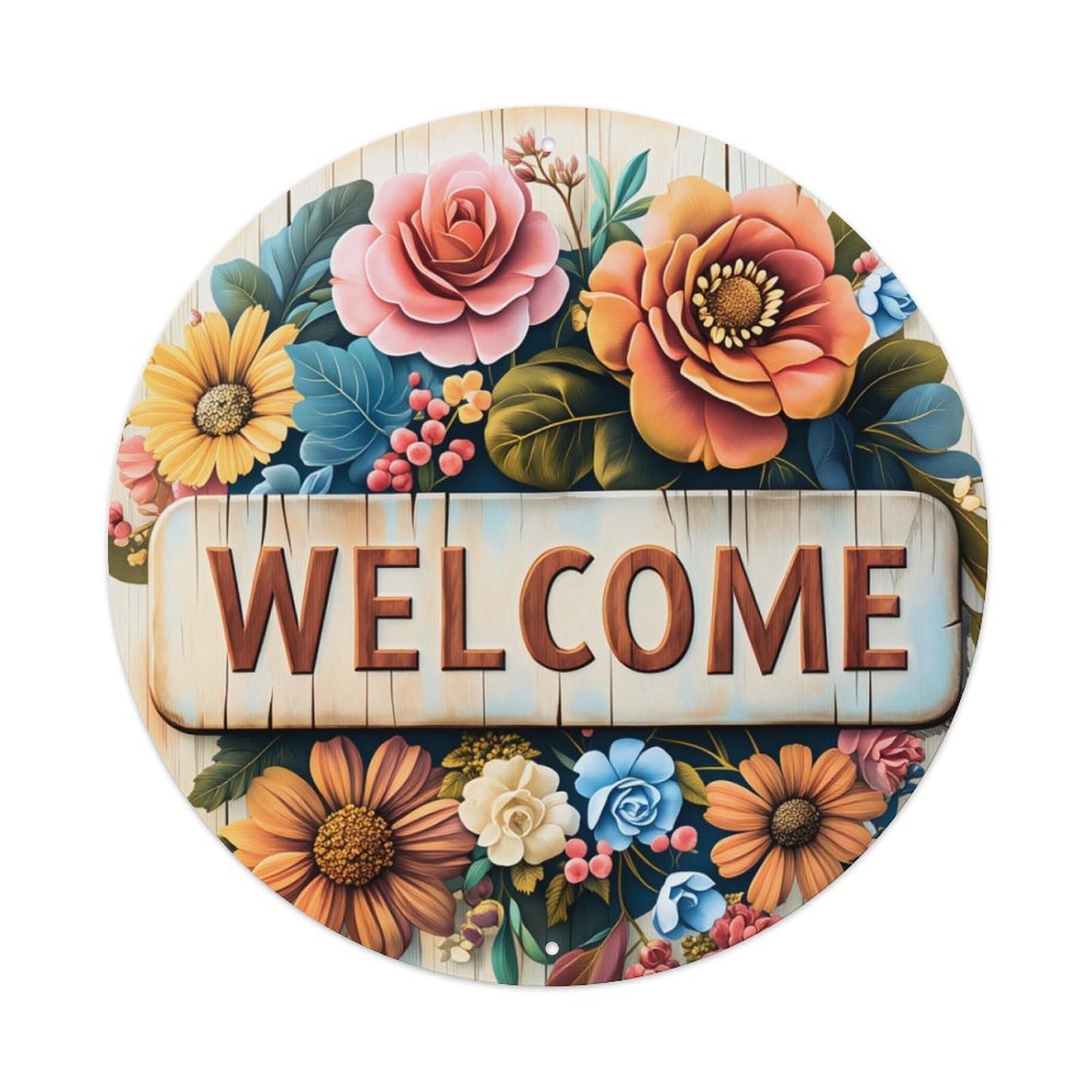 Floral Welcome Sign Pattern- Round Tin Sign Retro Metal Sign for Cafe Bar Pub Home Game Room Gym Club Wall Decoration Vintage Metal Poster 8x8 Inch