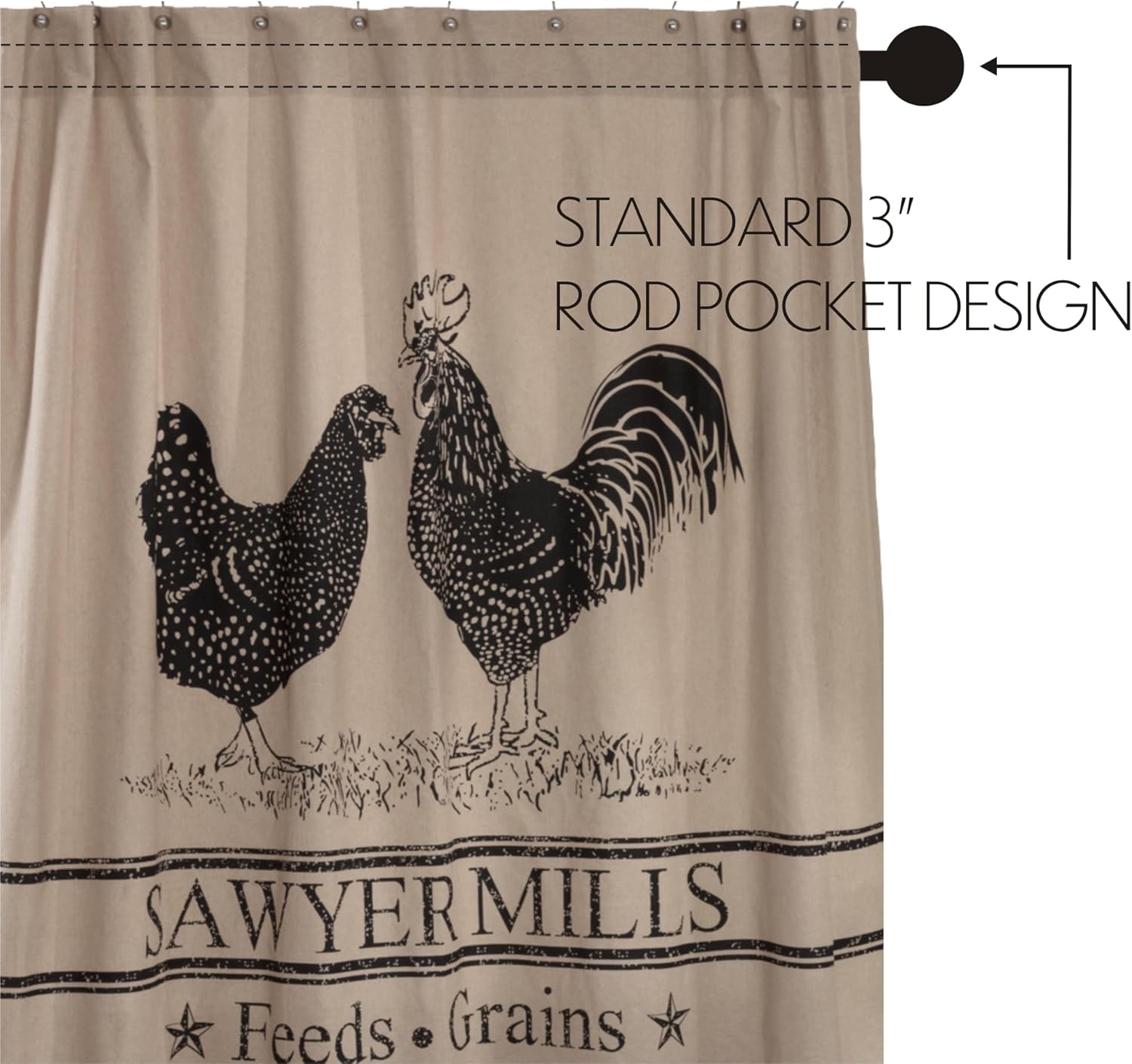 VHC Brands Farmhouse Bath Sawyer Mill Rod Pocket Cotton Button Holes Shower Curtain, 72x72, Charcoal Poultry