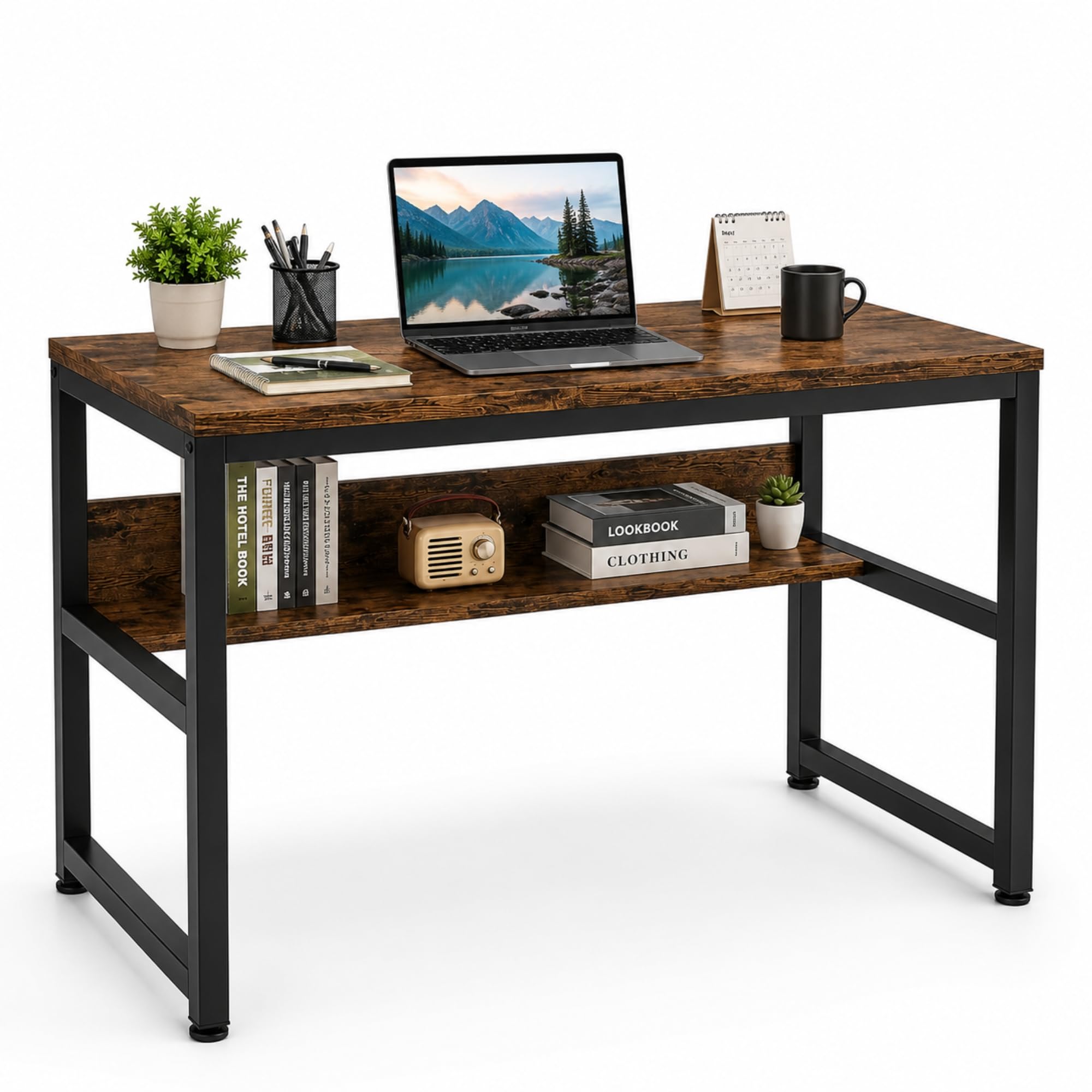 Study Desk with Under-Desk Shelf – Industrial Computer Table with Storage, Rustic Wood & Black Metal Frame, Writing Desk for Home Office, Study, or Gaming Setup (Brown, 150_CM)-image-48