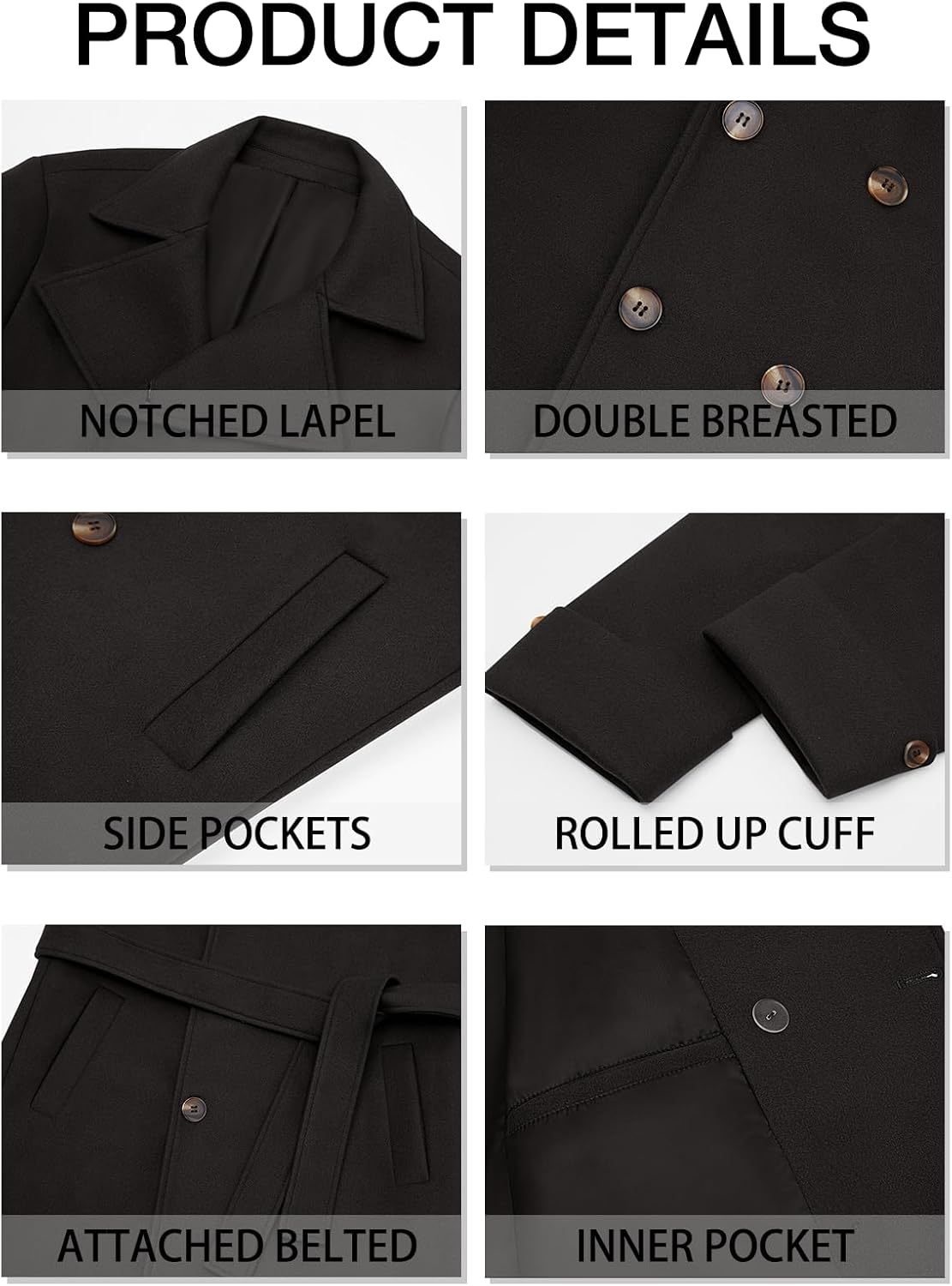 Runcati Mens Trench Coat Notch Lapel Double Breasted Belted Pea Coat Wool Blend Winter Warm Overcoat - Image 5