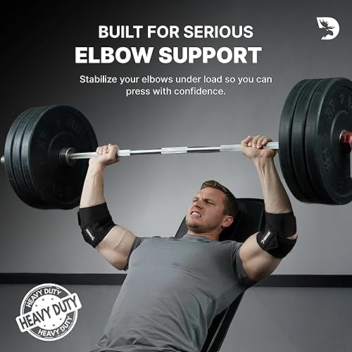 Vista 2 de DMoose Fitness - Coderas de codo para levantamiento de pesas (par) - Correa de codo ajustable de 40'' para entrenamiento en el gimnasio y prensa