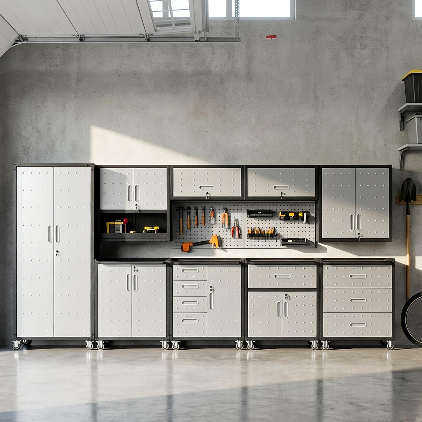 9-Piece Heavy Duty Steel Garage Cabinet System | All-in-One Modular Garage Cabinet Set for Ultimate Workshop Organization | Easy Assembly Garage Storage Cabinets &amp; Tool Bench