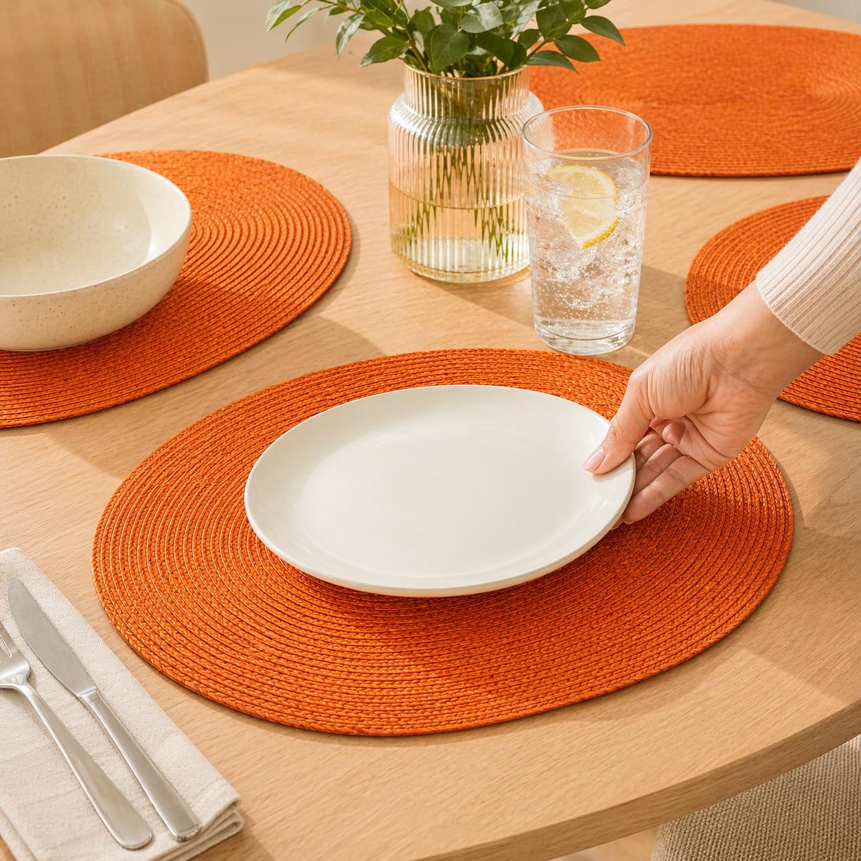 Orange Woven Placemats Set of 4, Handmade Mexican Palm Leaf Table Mats, Braided & Reversible Oval Chargers, Easy to Wipe Clean, Indoor/Outdoor Dining (15.75 x 13.77 in) - Mantel Ovalado Naranja
