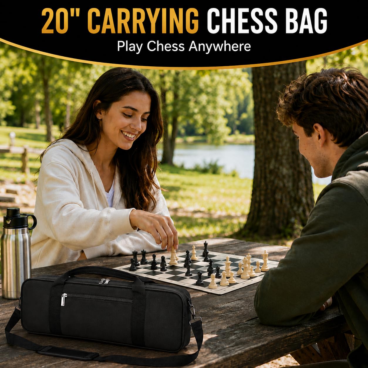 LEAP Sac d'échecs uniquement pour jeux d'échecs, sac de transport pratique avec quatre parties de rangement pour échiquier enroulable, pièces d'échecs, horloge d'échecs, en remplacement des jeux