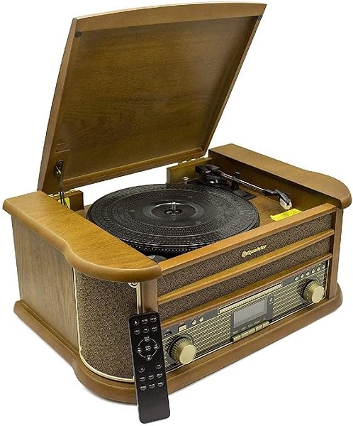 Roadstar HIF-1993BT Tocadiscos de Vinilo Vintage 33/45/78 RPM, Radio FM, Reproductor CD/CDR/CDRW/CD-MP3, Cassette, Bluetooth, USB Función Grabación, Mando a Distancia, Retro, Madera