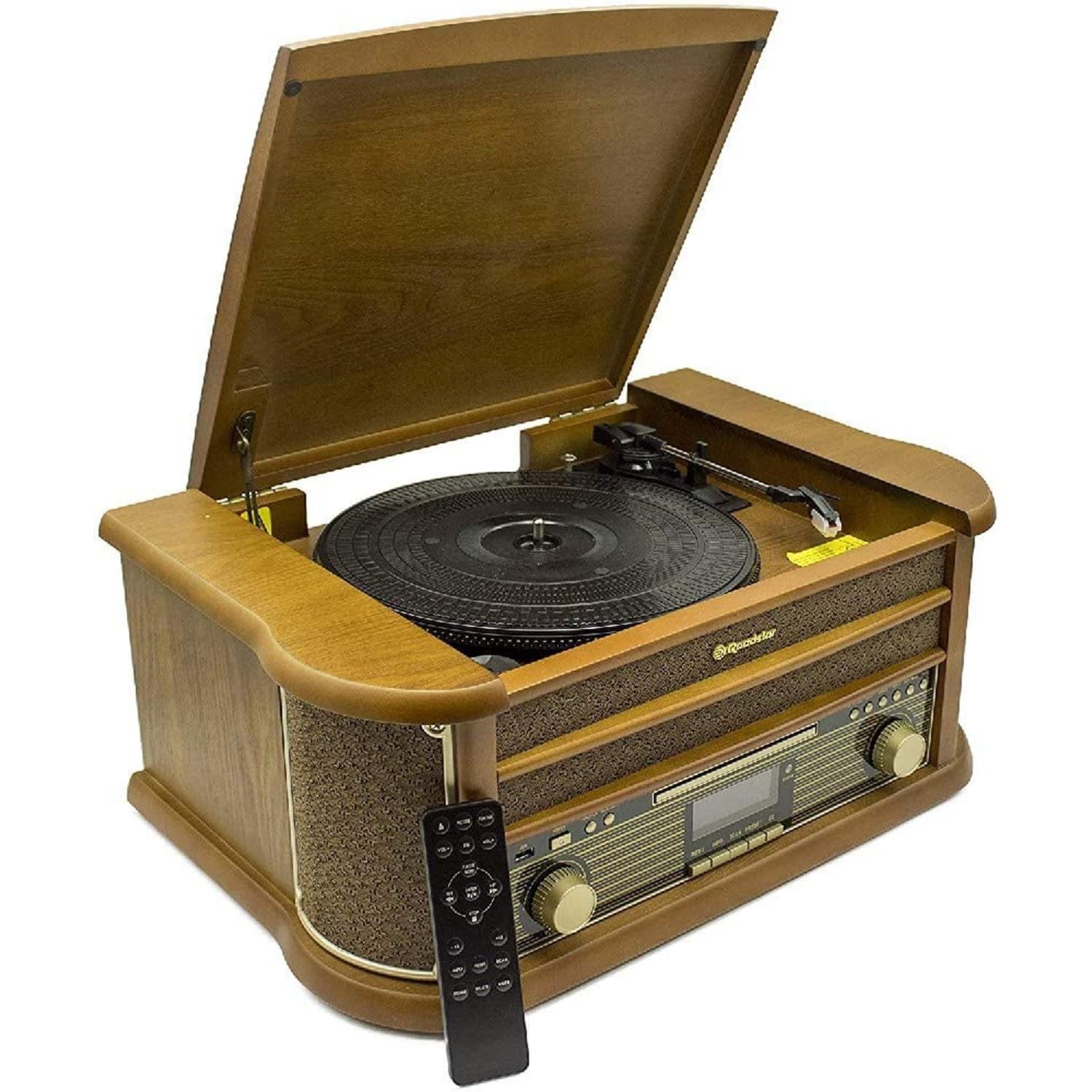 Roadstar HIF-1993BT Platine Vinyle Vintage 3 Vitesses 33/45/78, Radio FM, Lecteur CD/CDR/CDRW/CD-MP3, Cassette, Bluetooth, USB Fonction d'enregistrement, Télécommande, Rétro en Bois