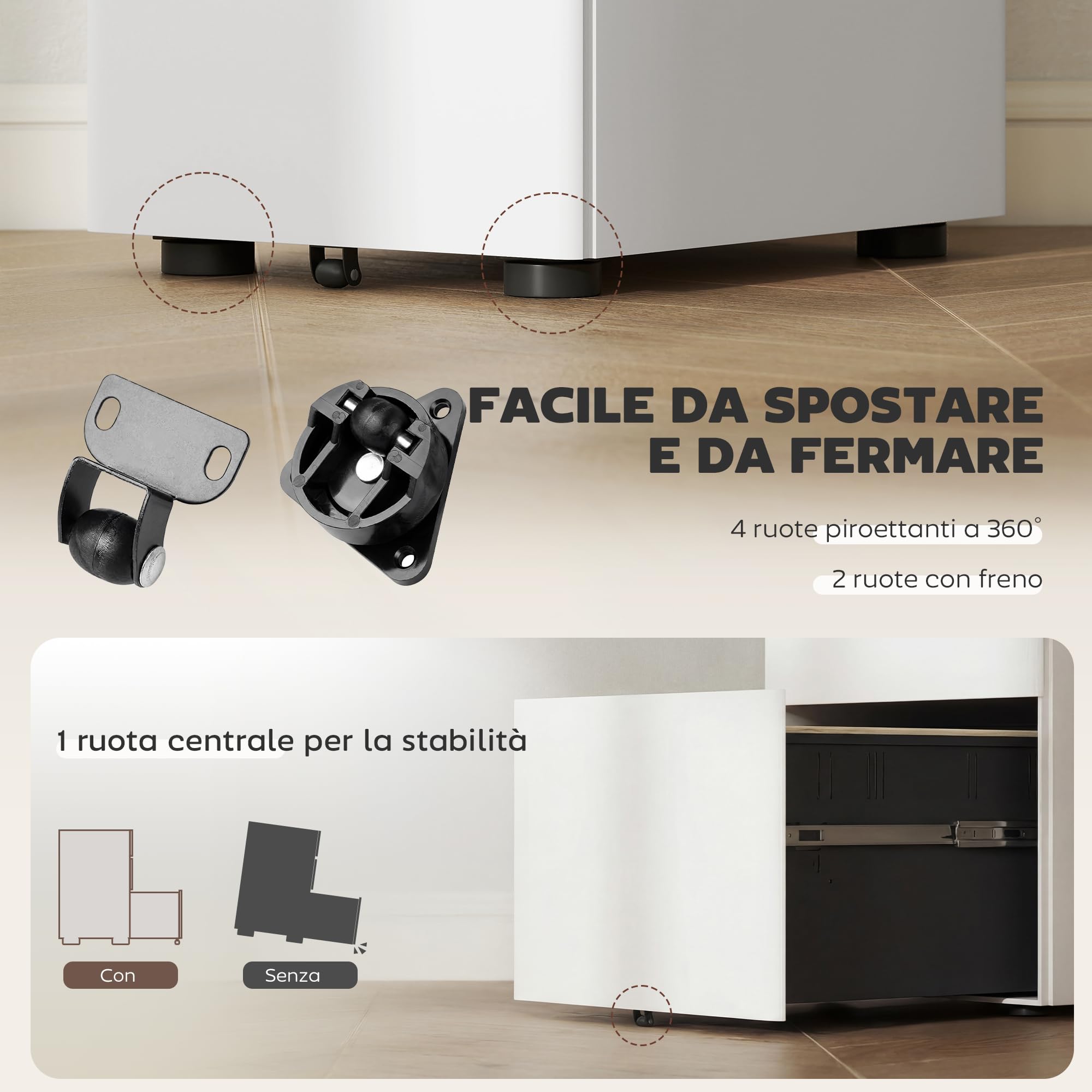 Vinsetto Cassettiera da Ufficio 3 Cassetti e Serratura, Cassettiera per Scrivania con Rotelle in Acciaio, 39x48x59 cm, Bianco