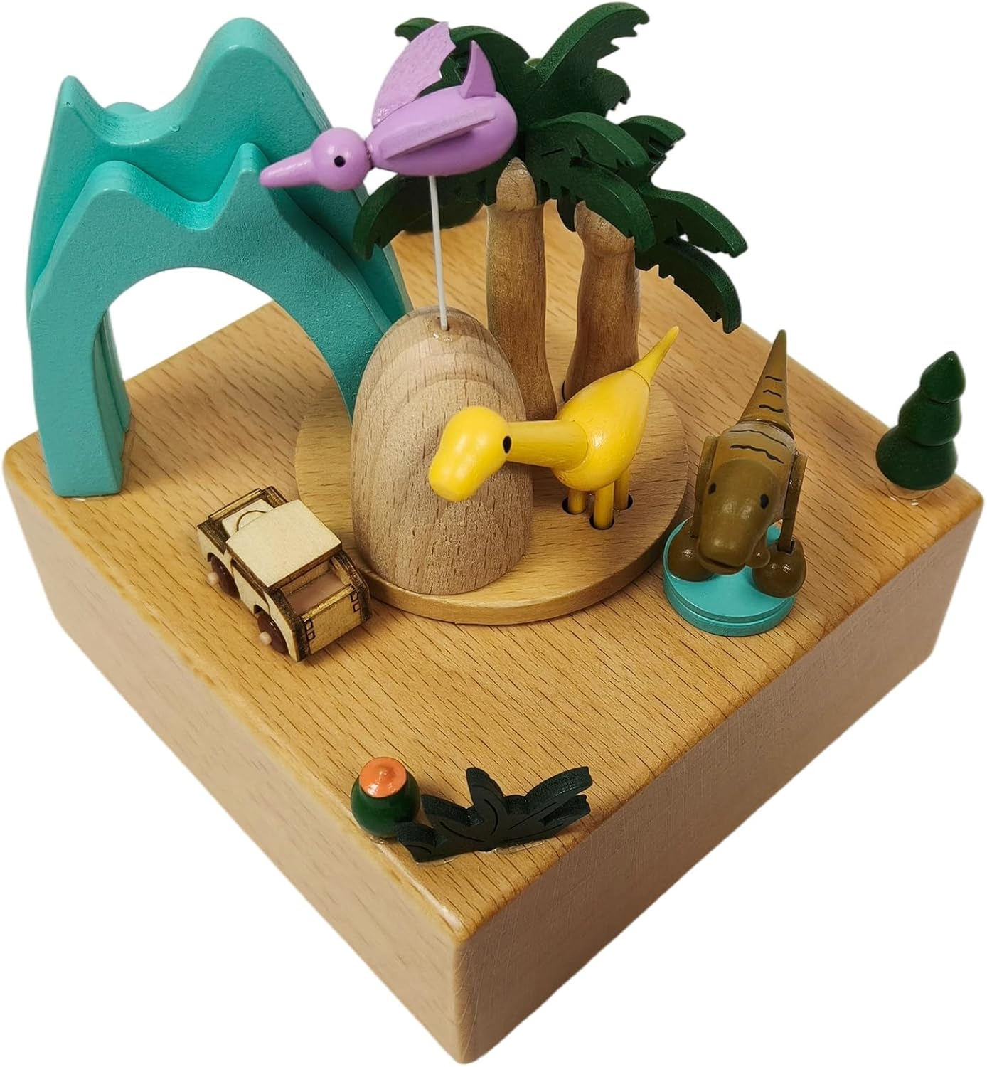 Wooden Jurassic Dinosaurs Music Box - Moving Car & Dinosaur, Mechanical Musical Box, Gift for Dinosaur Lovers and Music Box Enthusiasts, Unique Desk Decoration