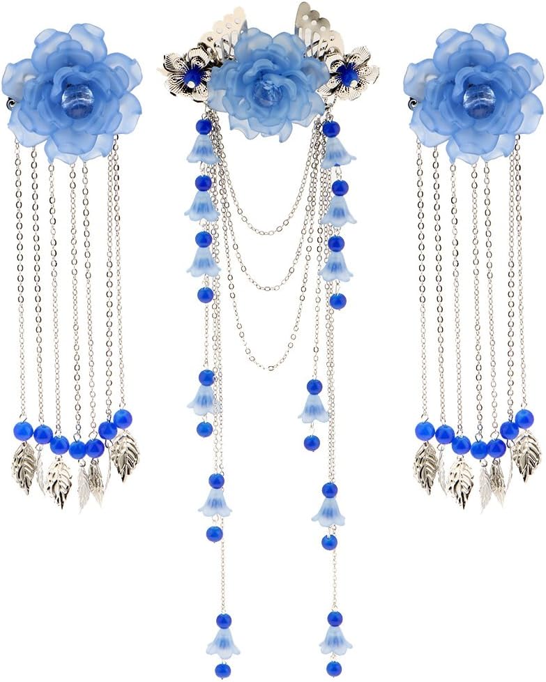 3 Pieces Costume Classic Flower Hair Clip Barrette Long Tassel for Hanfu COS Hair Ornaments - Blue