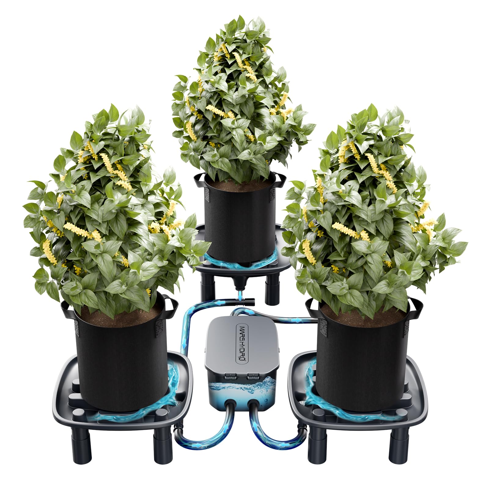 MARS HYDRO Automatisches Entwässerungssystem für Growzelt, 3er-Pack Drainage Schalen mit 25W Auto-Sensor Wasserpumpe, 5-Gallonen Grow Bags & Sammelbehälter, Automatisches Runoff-Kit für Indoor-Growing