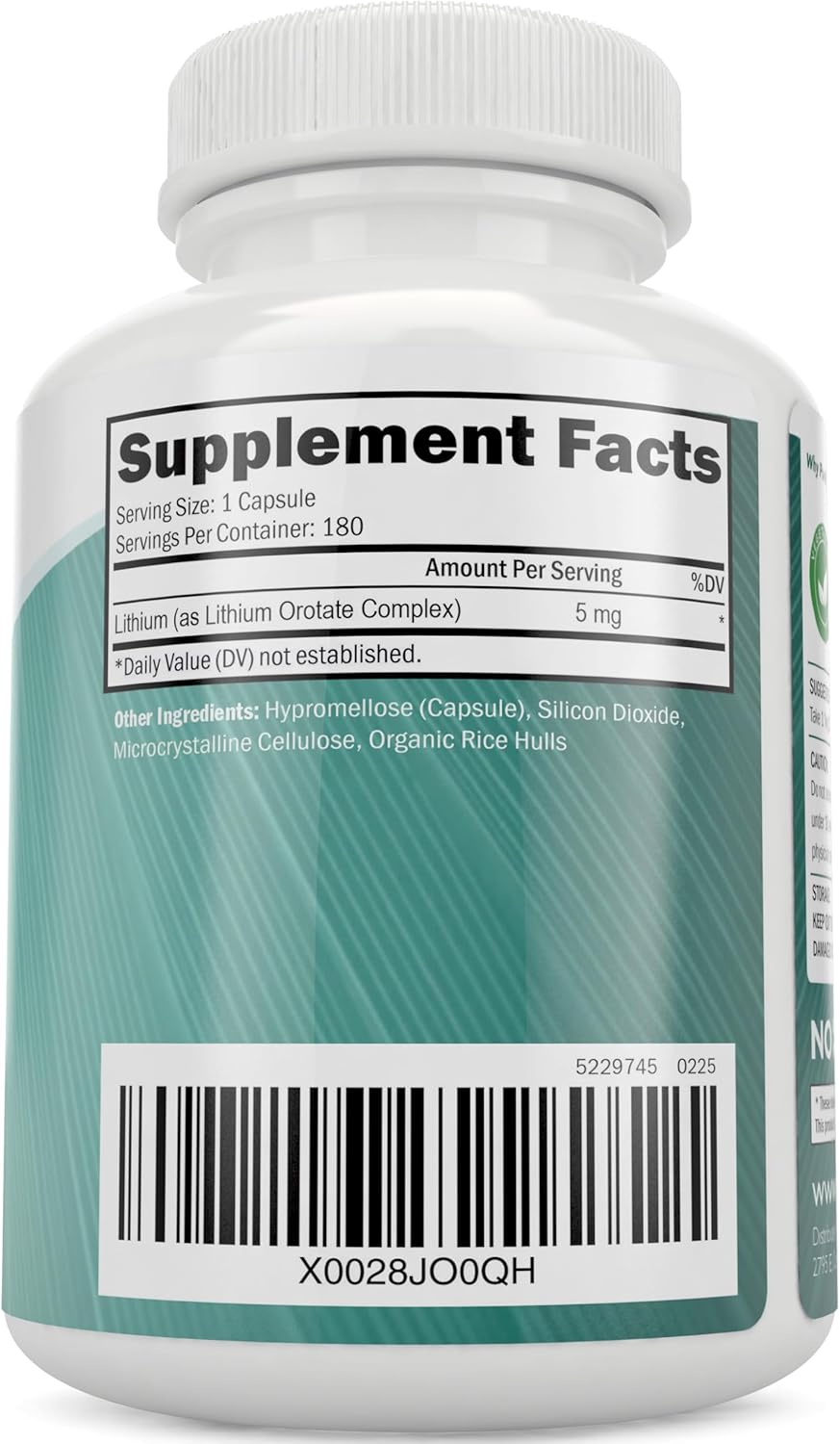 Lithium Orotate 5mg, 180 Vegetarian Lithium Capsules, Supplement Lithium Orotate 5mg, 180 Vegetarian Lithium Capsules, Helps Maintain Healthy Mood, Behavior Memory and Wellness
