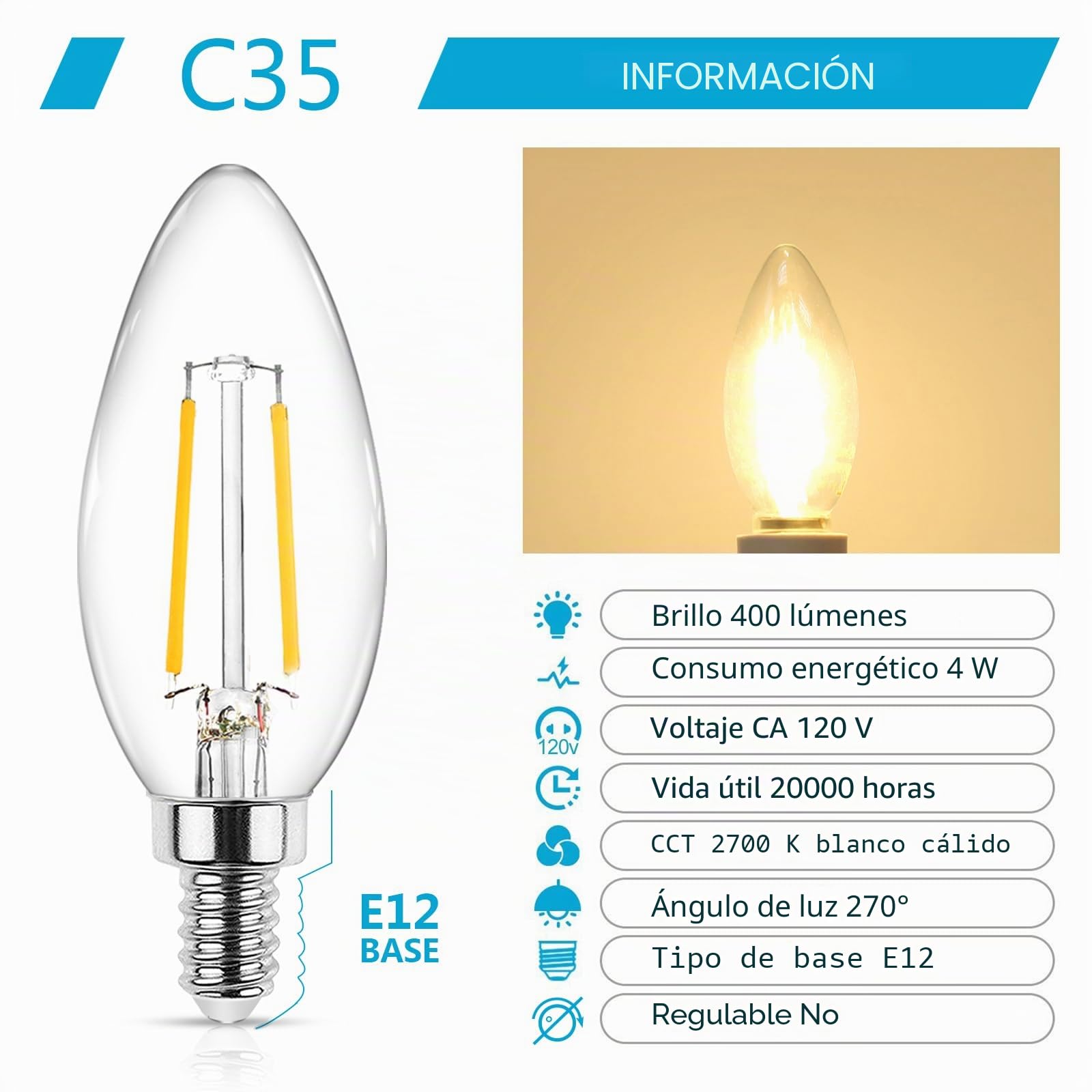 Ascher Bombilla LED E12 clásica transparente para candelabro, 4 W, equivalente a 40 W, blanco cálido 2700 K, no regulable, filamento de vidrio transparente, paquete de 5