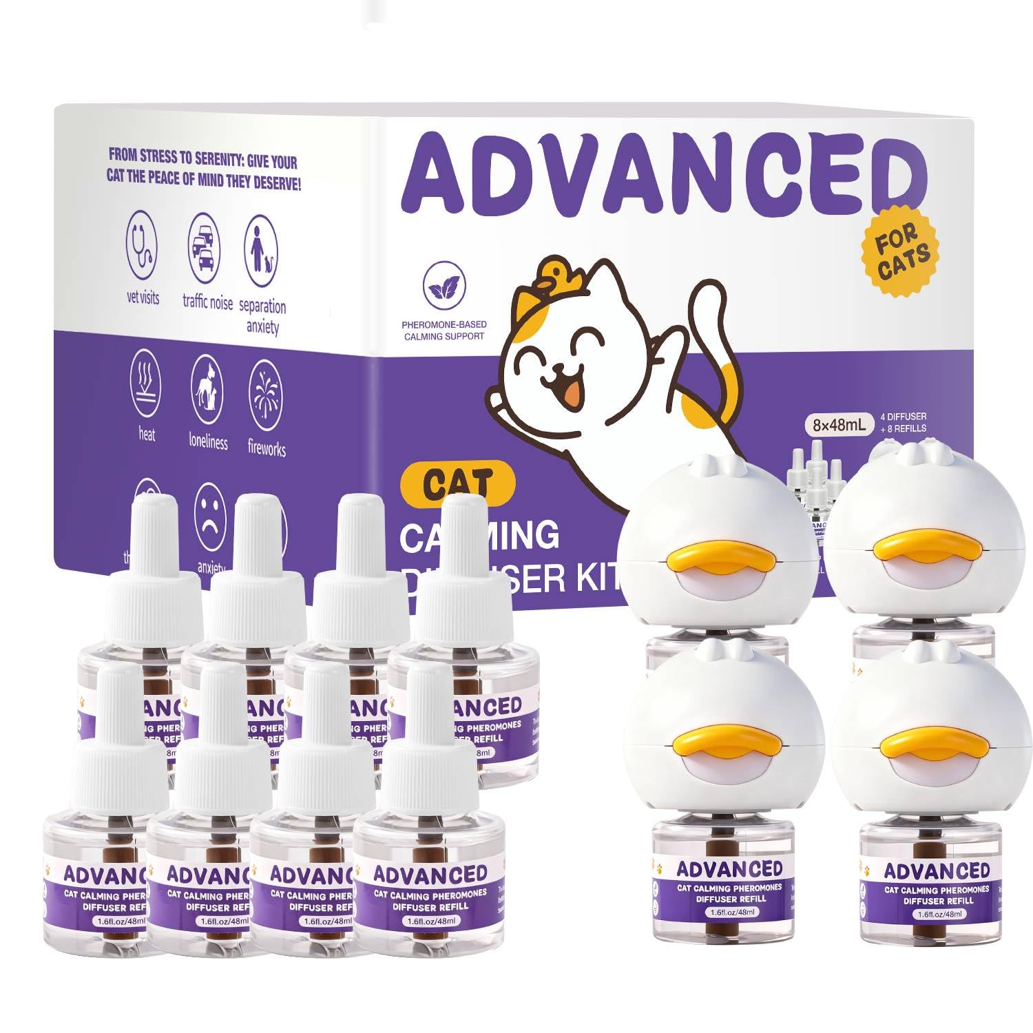 Cat Calming Diffuser Kit with 4 Diffusers & 8 Refills (48mL Each), Cat Pheromones Calming Diffuser for Cat Anxiety Relief, Stress Reduction & Behavior Support, 30-Day Refills, Suitable for All Cats